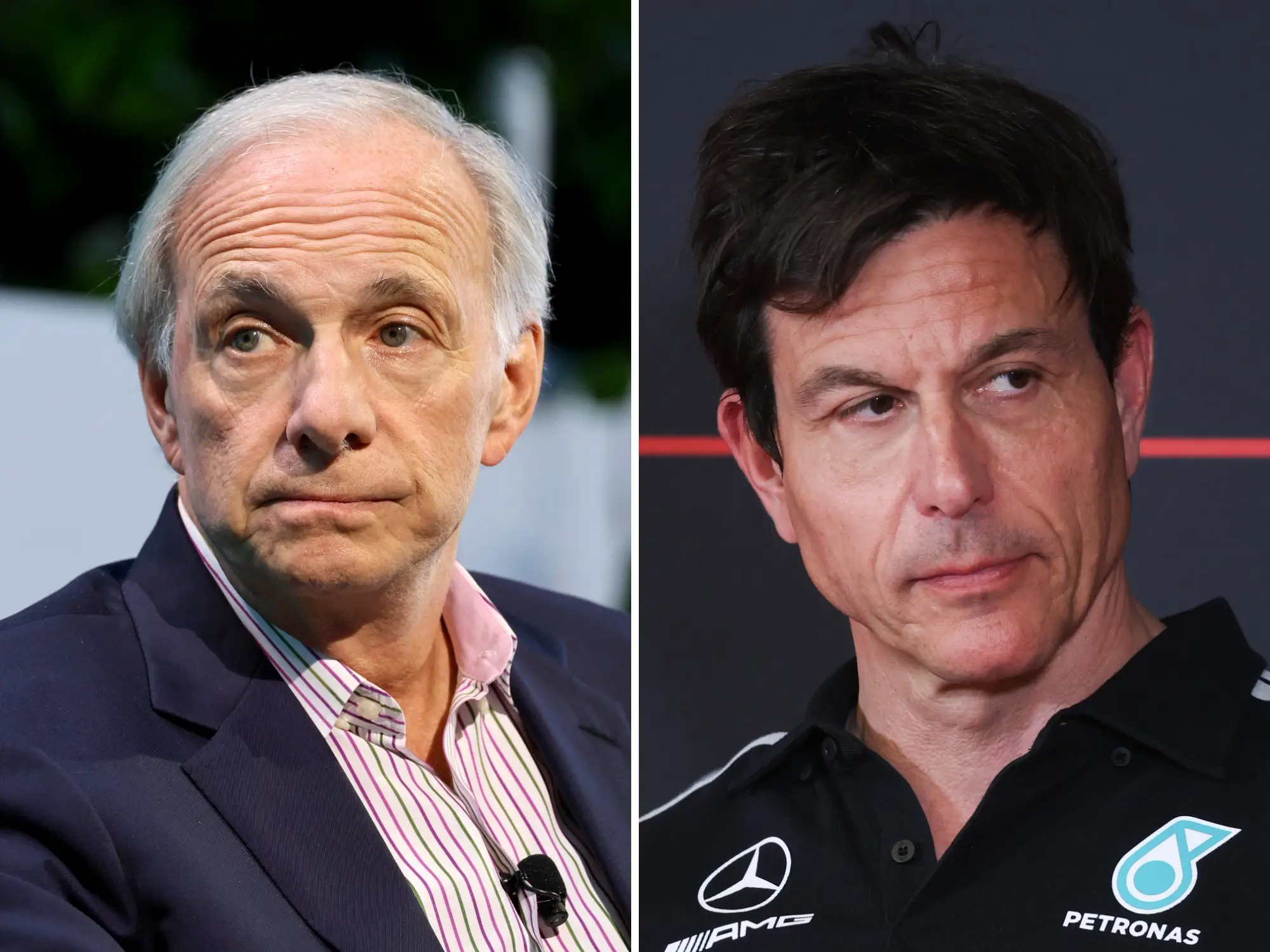 Ray Dalio and Toto Wolff appear in a split portrait, with Wolff wearing Mercedes-AMG Petronas apparel.