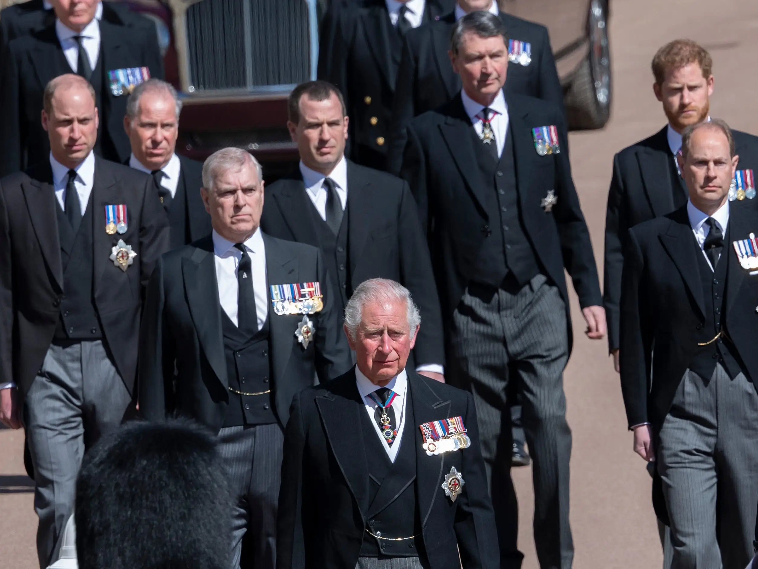William, Harry, Charles, and other members of the royal family during the Prince Philip's funeral on April 17, 2021.