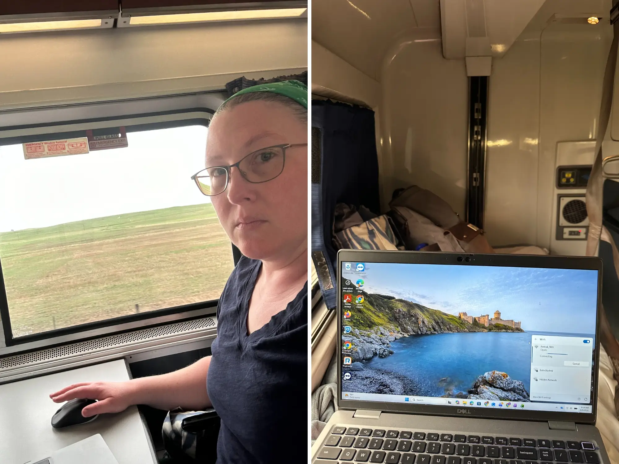 A side-by-side image of the writer sitting at a small table on an Amtrak train and an image of the writer's computer inside an Amtrak roomette.