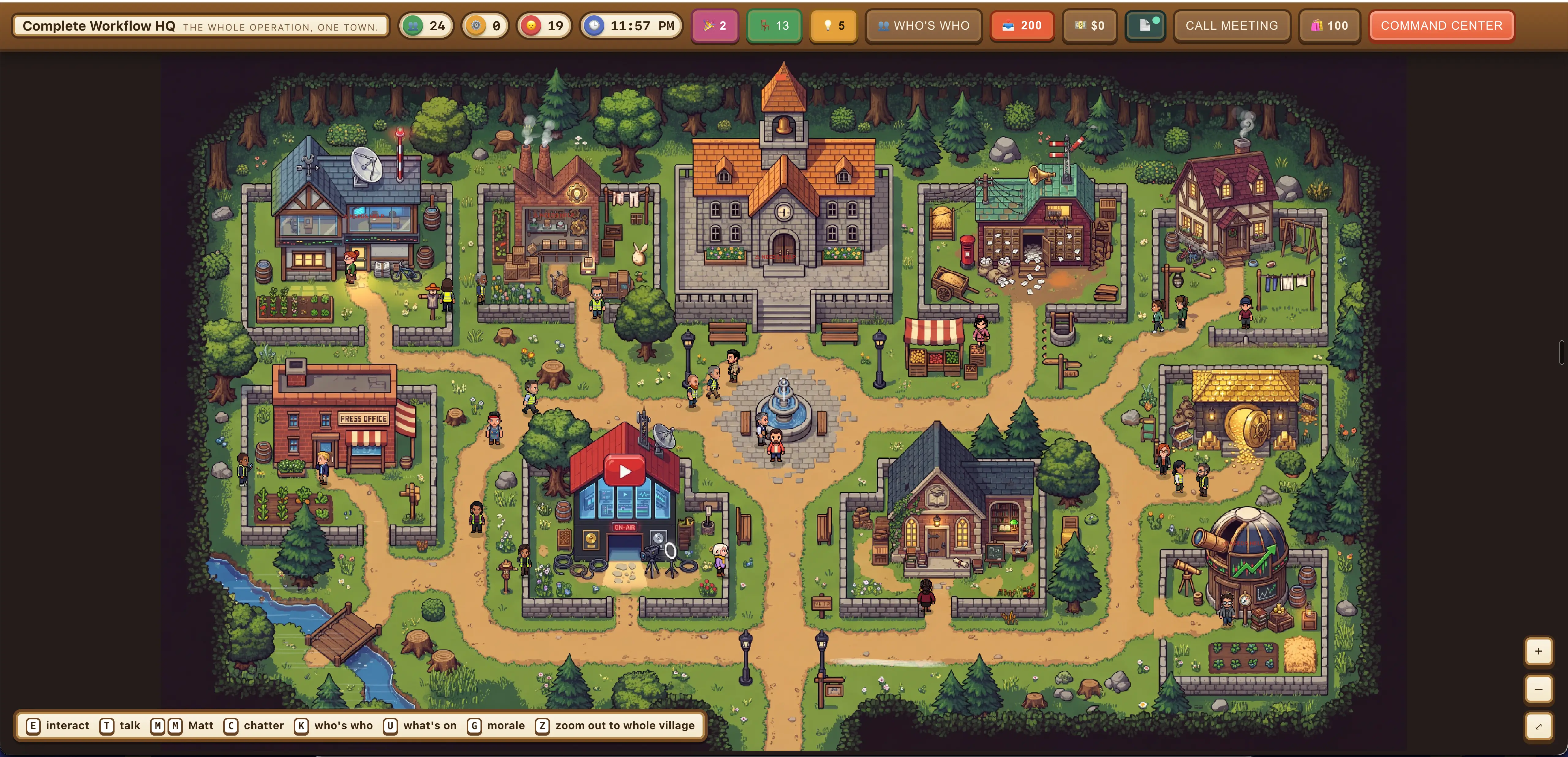 An AI video game screenshot shows a village map with buildings, paths, characters, and a command interface.