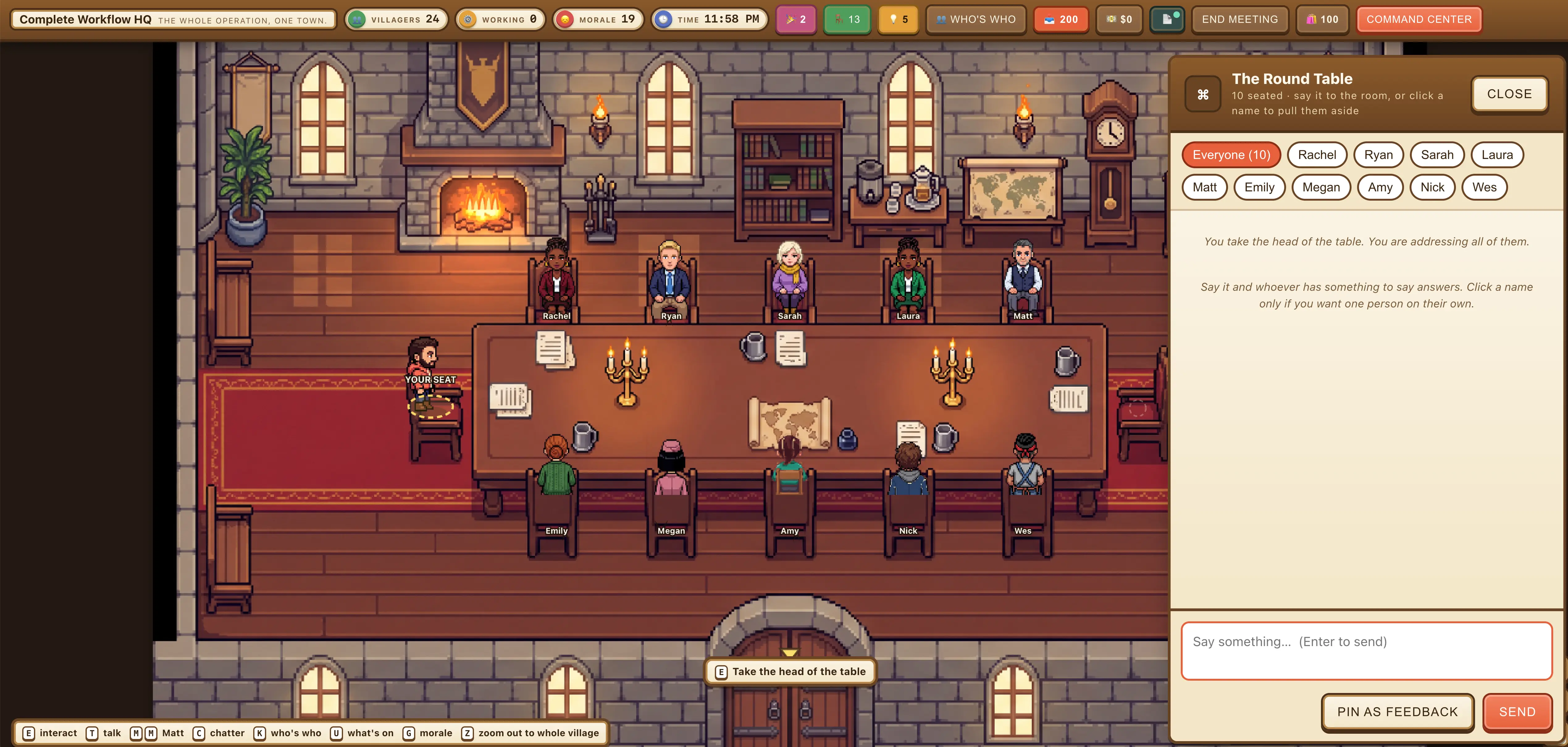 An AI video game interface shows characters seated around a council table inside a medieval hall meeting room.