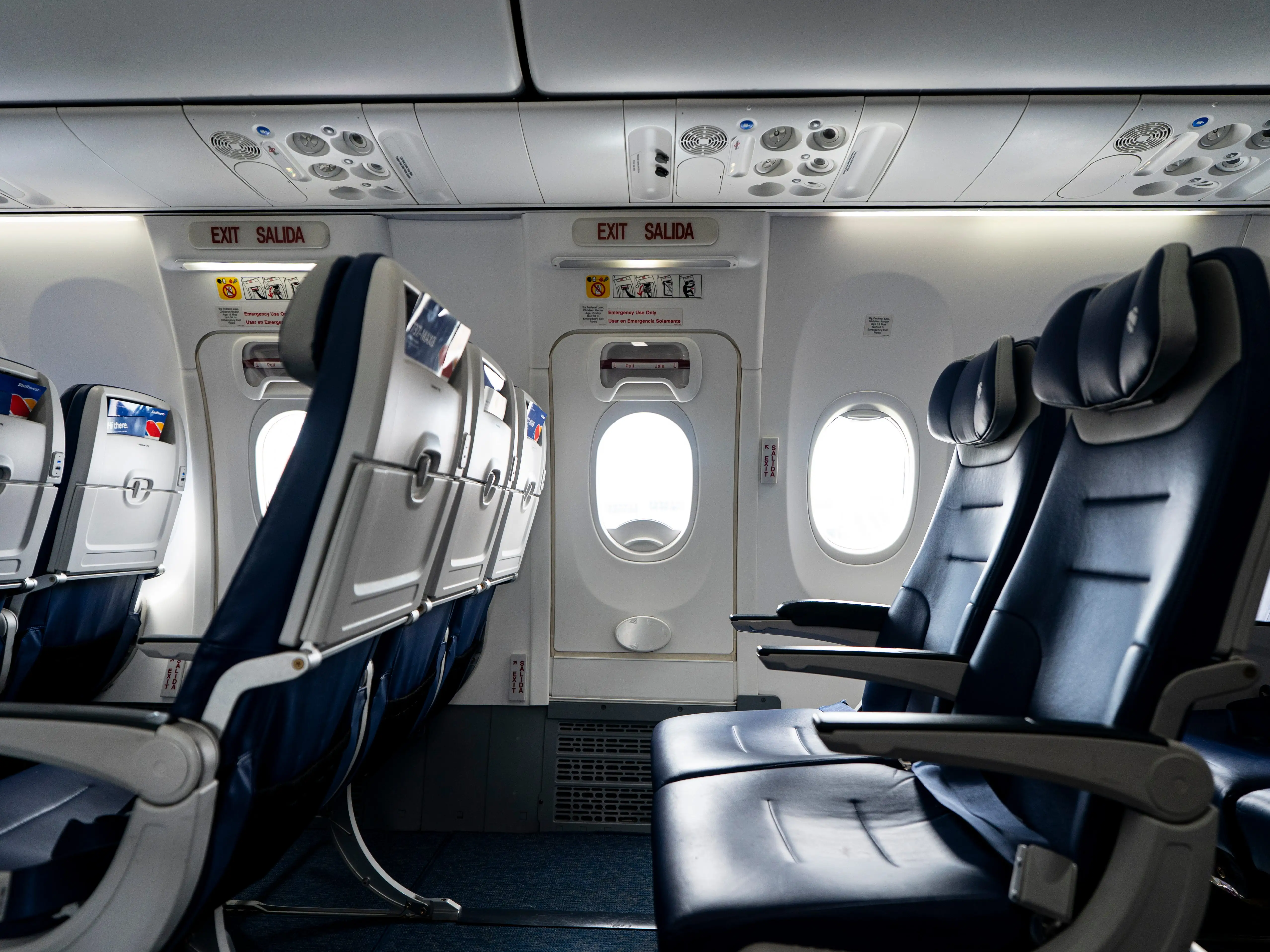 The exit row on a Southwest Airlines Boeing 737 MAX 8 plane