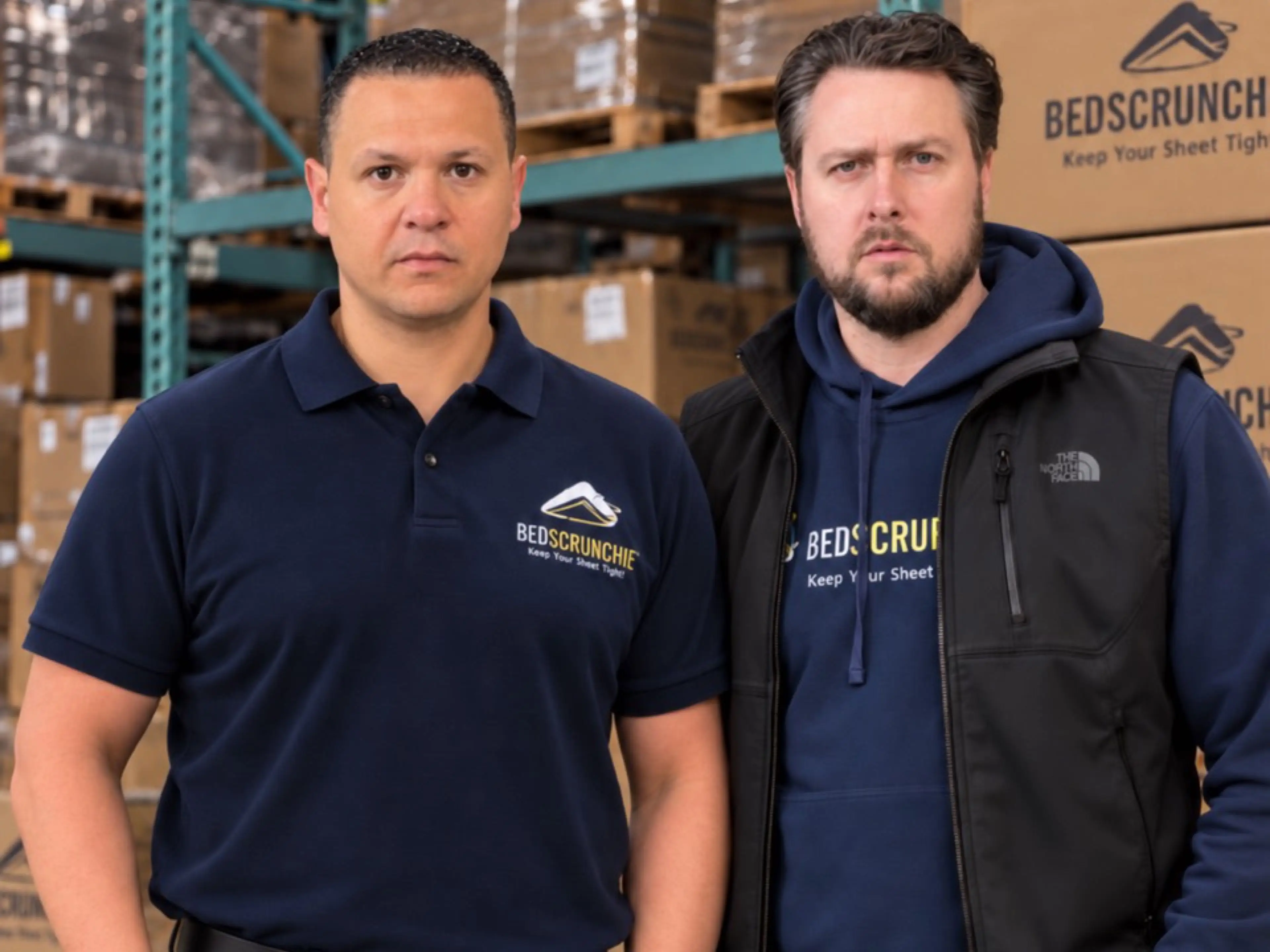 Founder of Bed Scrunchie Jack Nekhala, left, with his business partner Michael Nusinkis, right, in a warehouse full of their product.