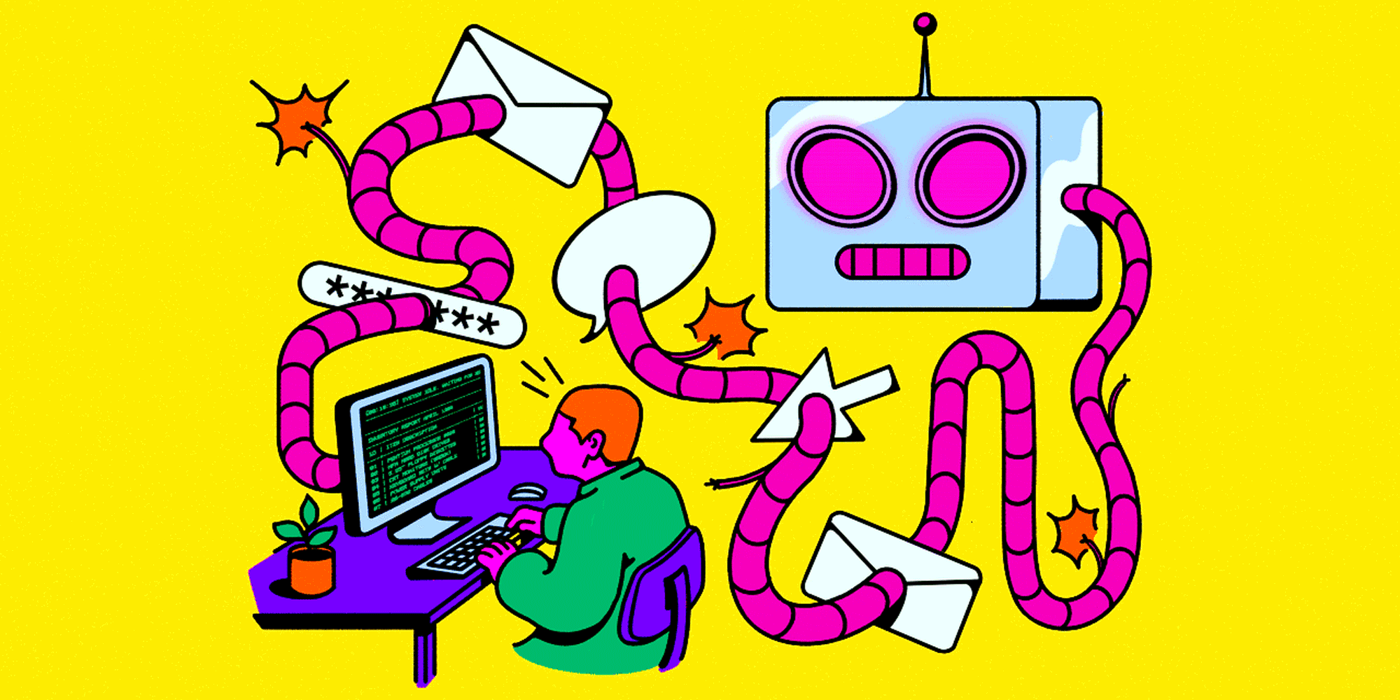 A Person's computer feeding a robot with their passwords, emails, and messages