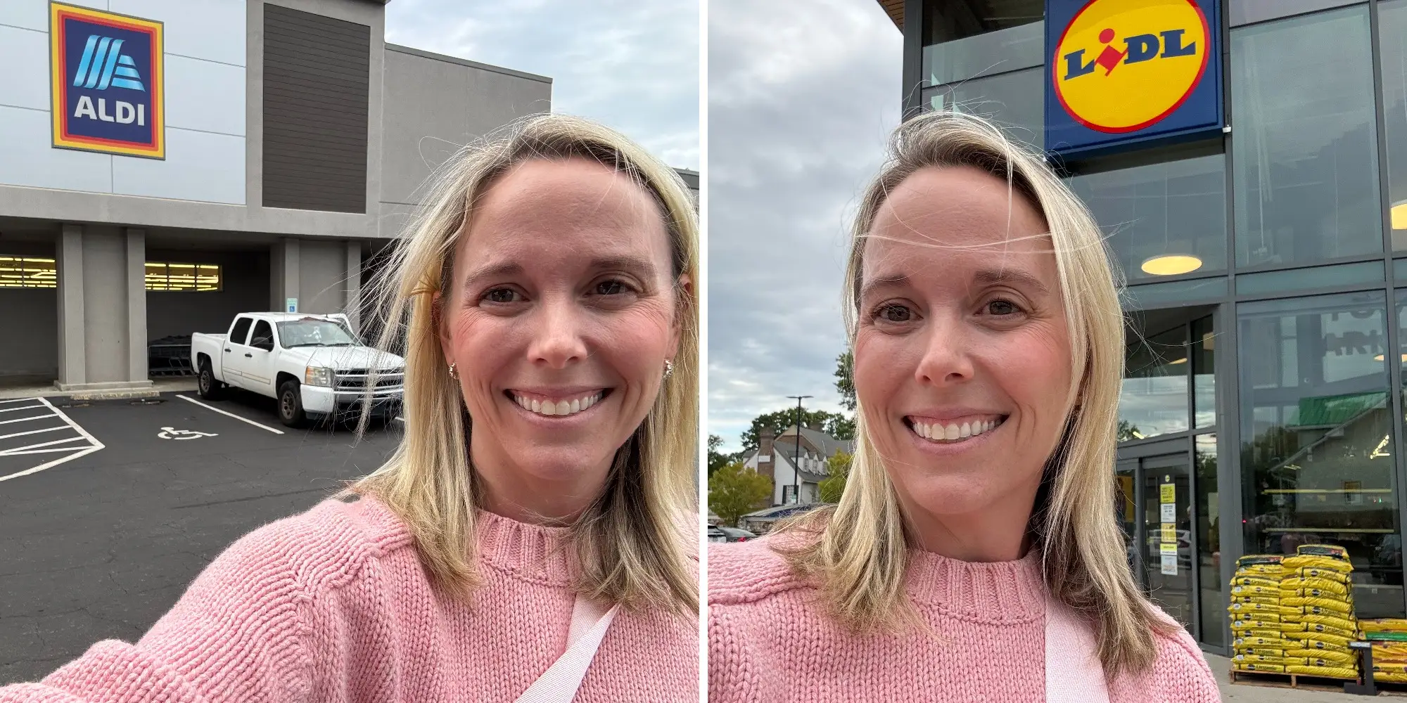 side by side of woman smiling in front of Aldi next to selfie of same woman smiling in front of a Lidl