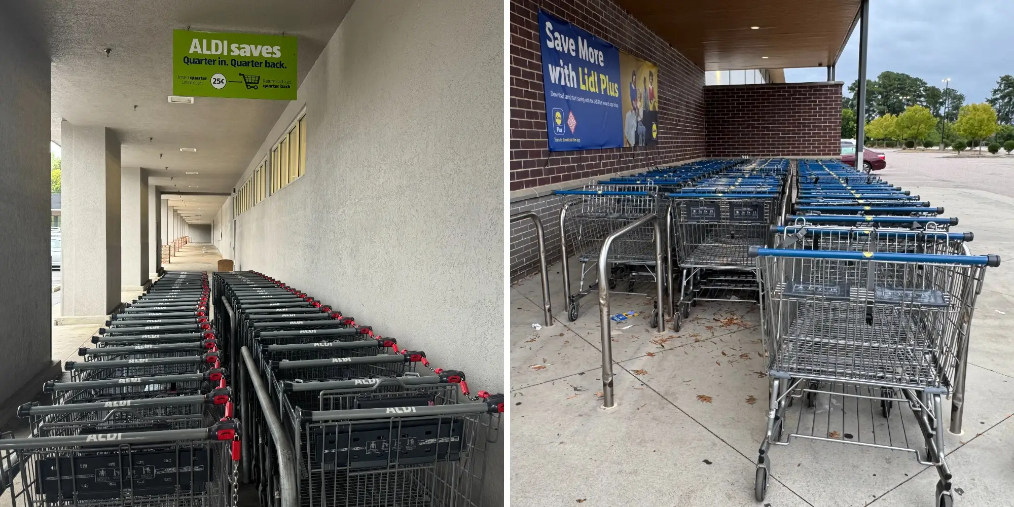 Side by side of photo of shopping carts outside of Aldi next to photo of shopping carts outside of Lidl