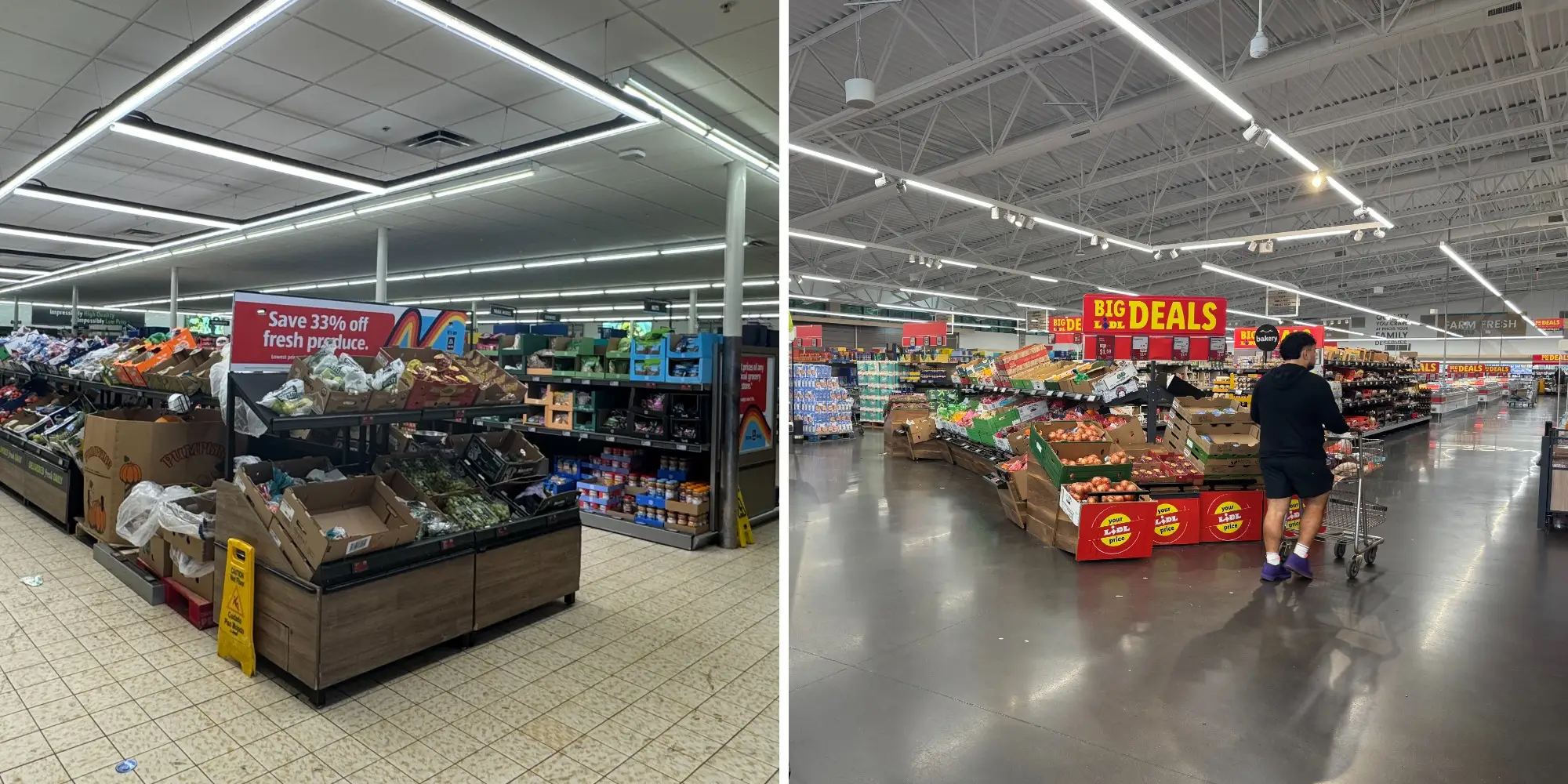 Side by side of Aldi entrance with dirty tiles, messy produce section next ot image of Lidl entrance with shiny concrete floors, produce in boxes