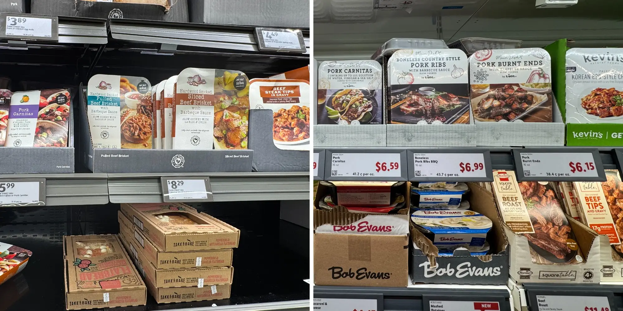 side by side of ready-made meal display at Aldi next to ready-made meal display at Lidl
