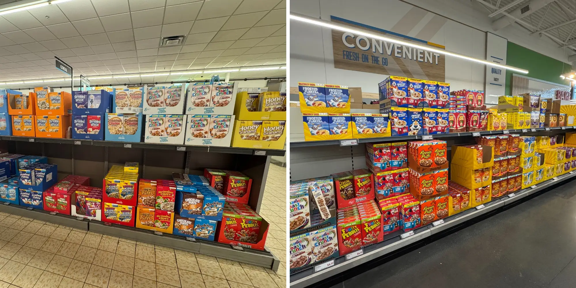 Side by side of cereal aisle in Aldi next to cereal aisle in Lidl