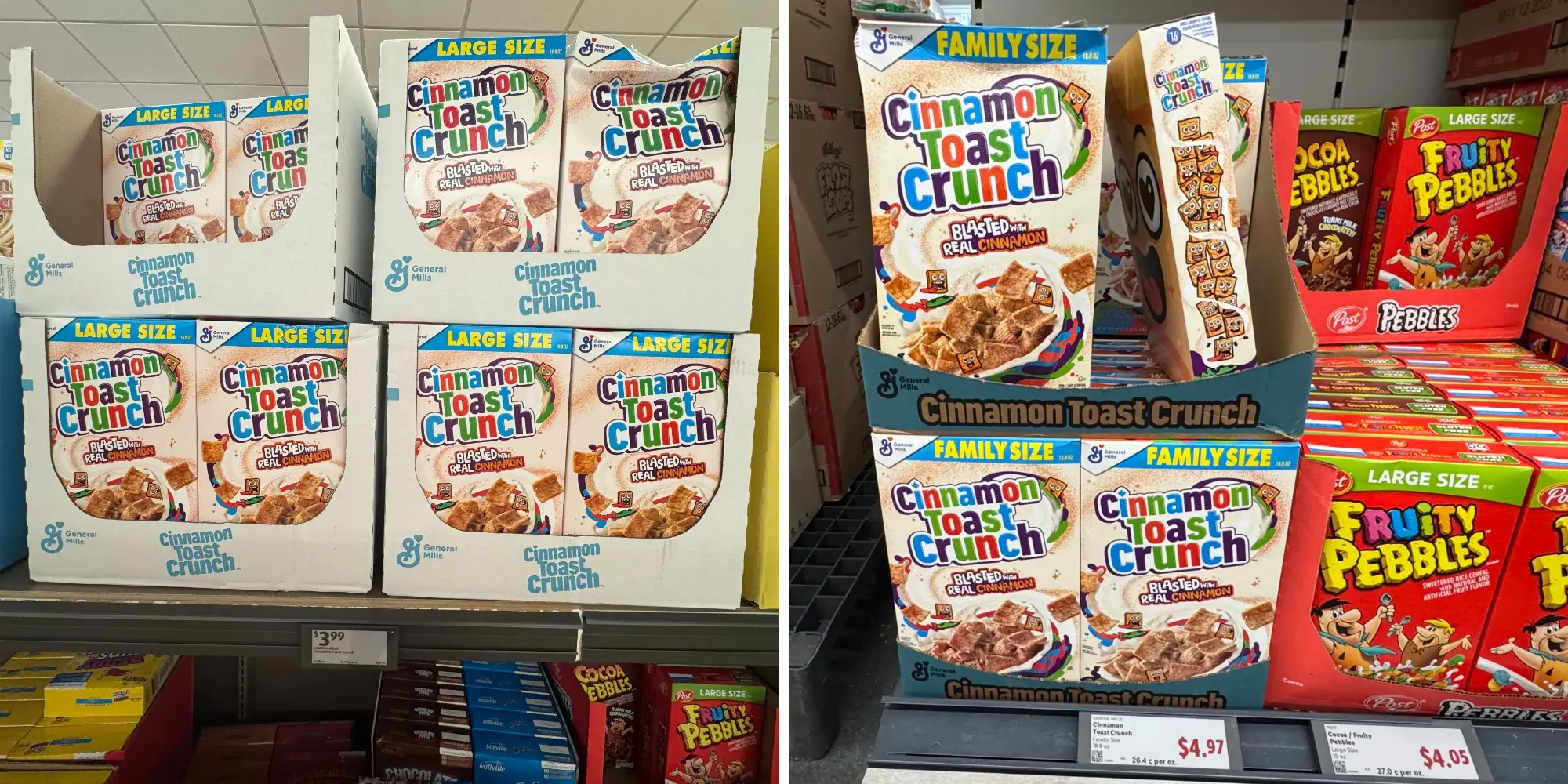 side by side of Cinnamon toast crunch boxes at Aldi next to cinnamon toast crunch boxes at Lidl