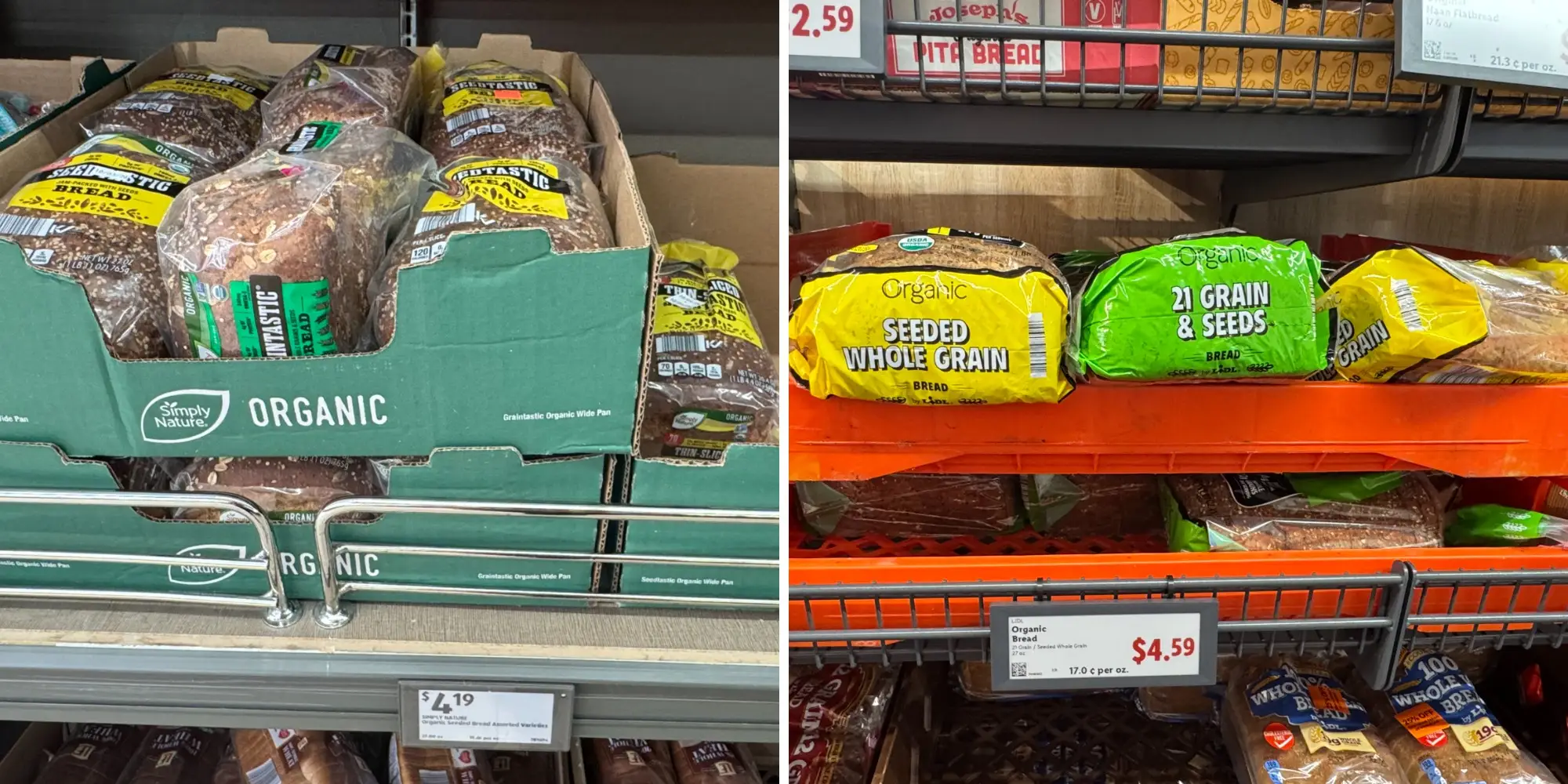 side by side of photo of organic bread at Aldi next to photo of organic bread at Lidl