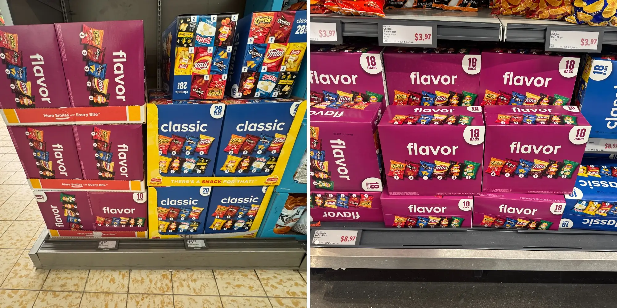 Side by side of frito-lay variety packs at Aldi next to Frito-lay packs at Lidl