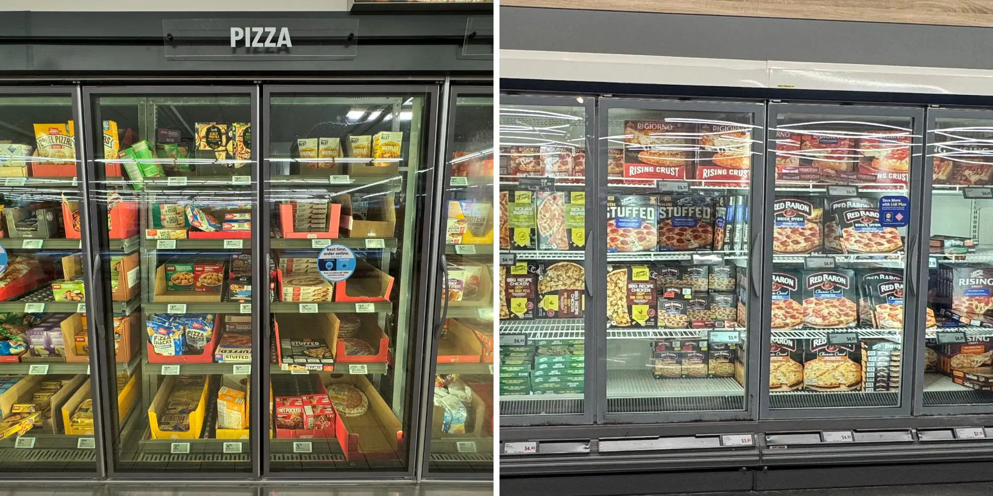 Side by side of pizza selection at Aldi and pizza selection at Lidl in fridges