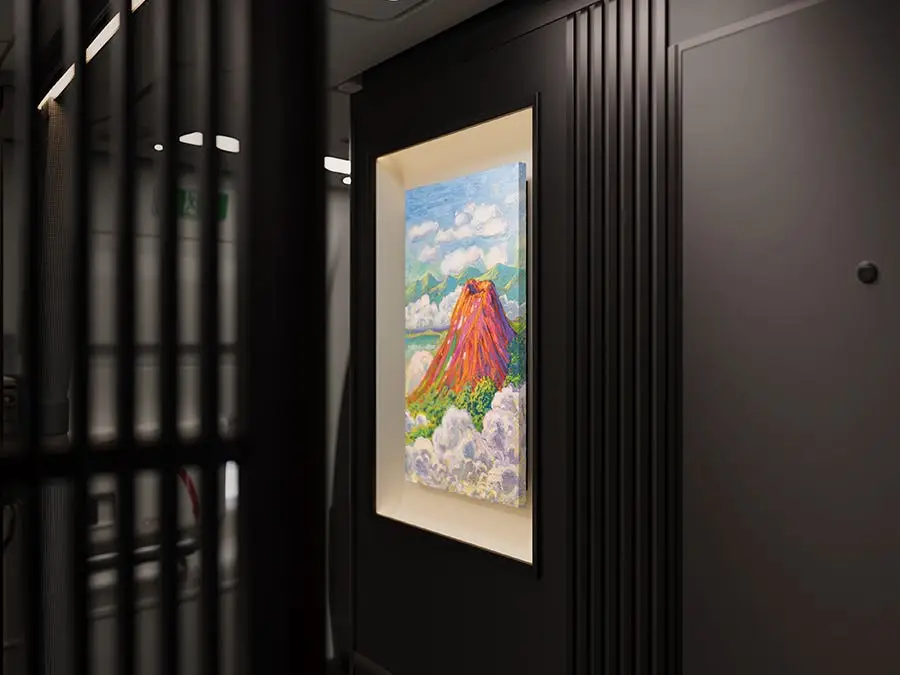 A rendering of Cathay Pacific's Gallery in the Skies featuring a painting by Stephen Wong.