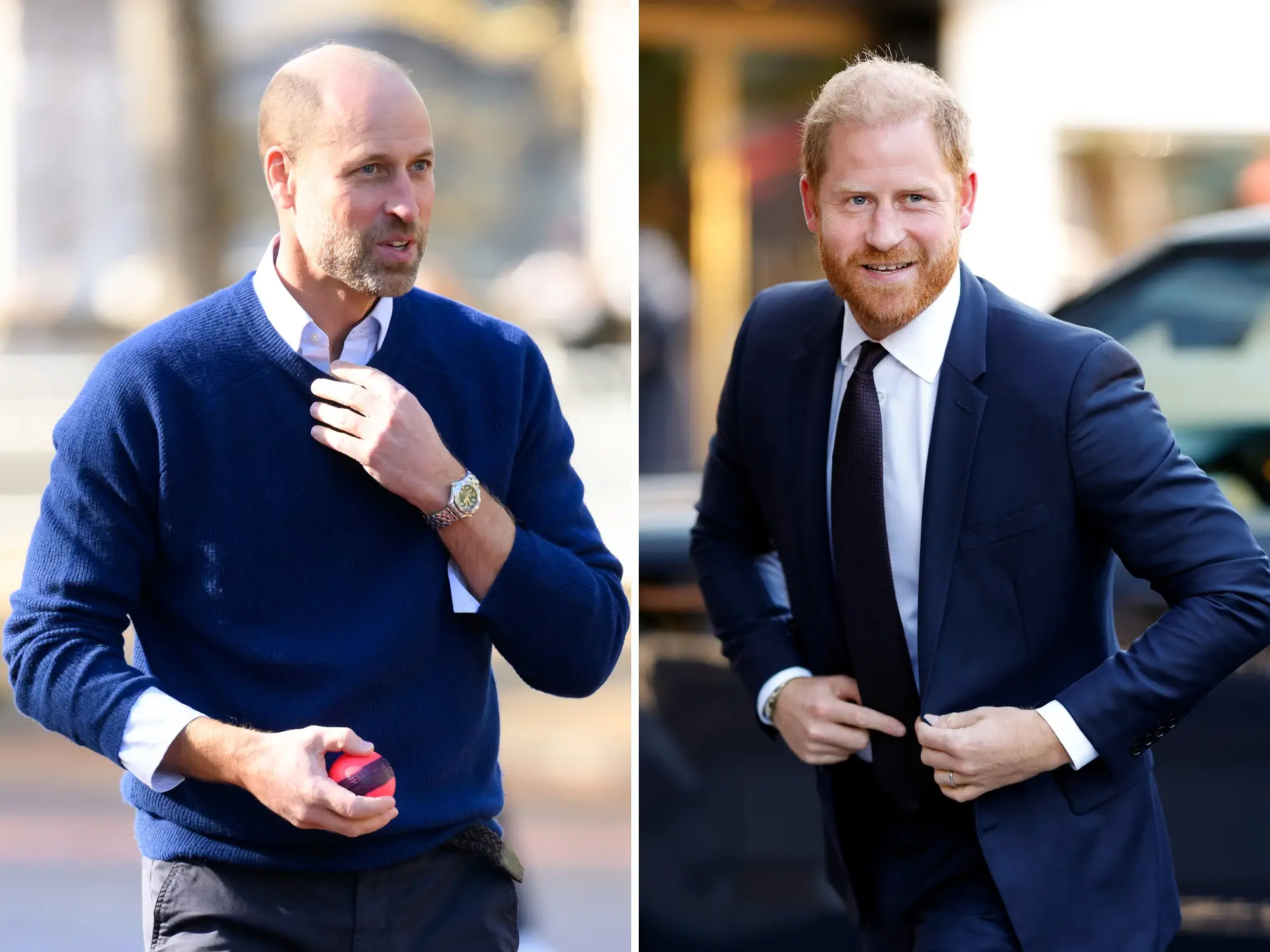 Prince William in a blue sweater and Prince Harry in a navy suit appear in a side-by-side outdoor composite.