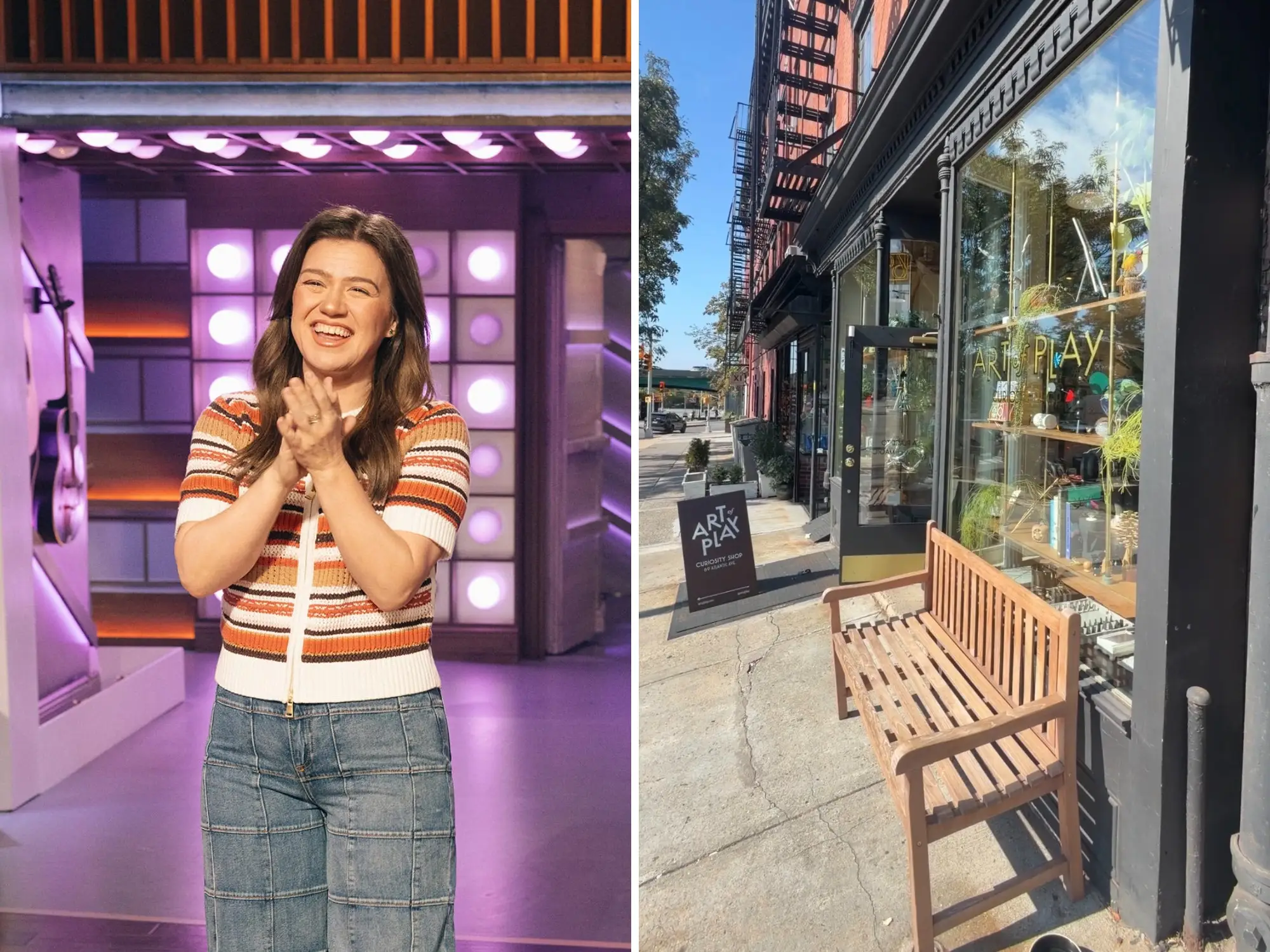 Left: Kelly Clarkson as the host of her television show. Right: The outside of Art of Play in Brooklyn.