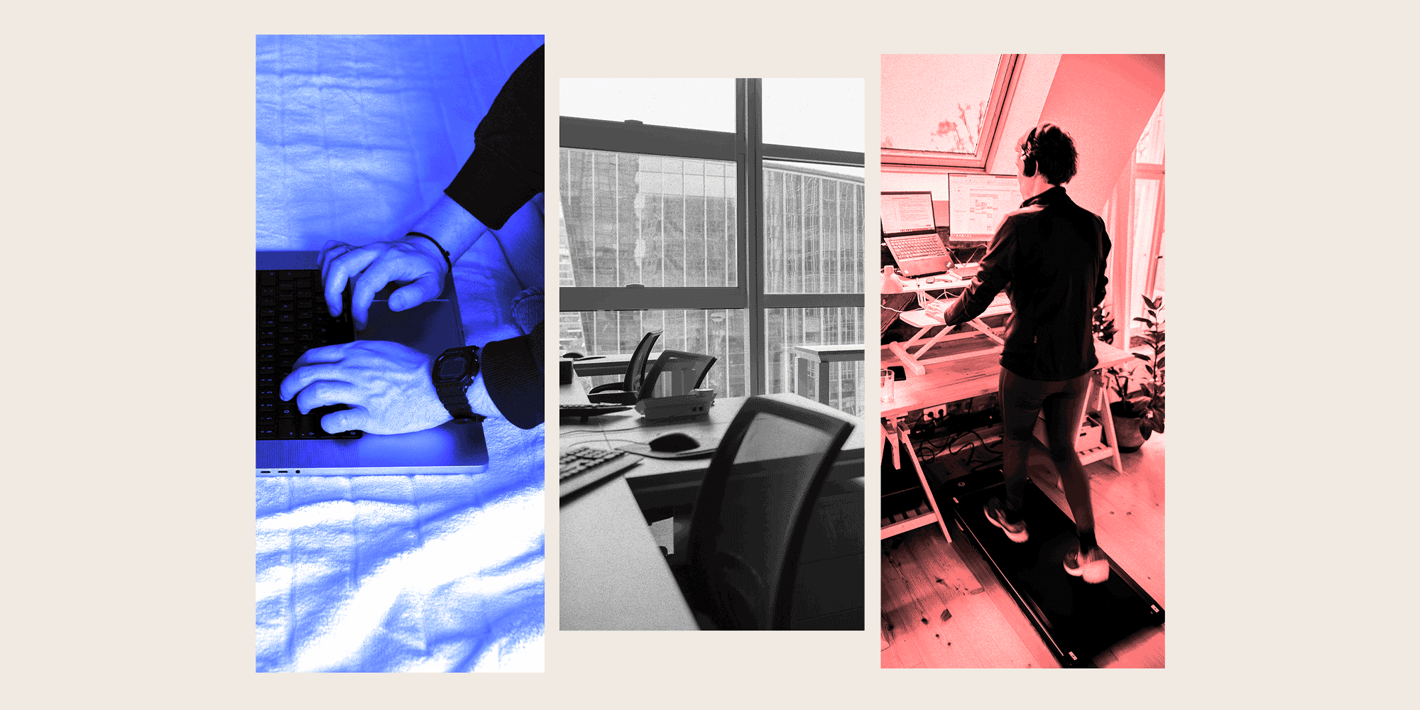 A three-panel collage shows a laptop typing, an empty office desk, and a person working at a treadmill desk.