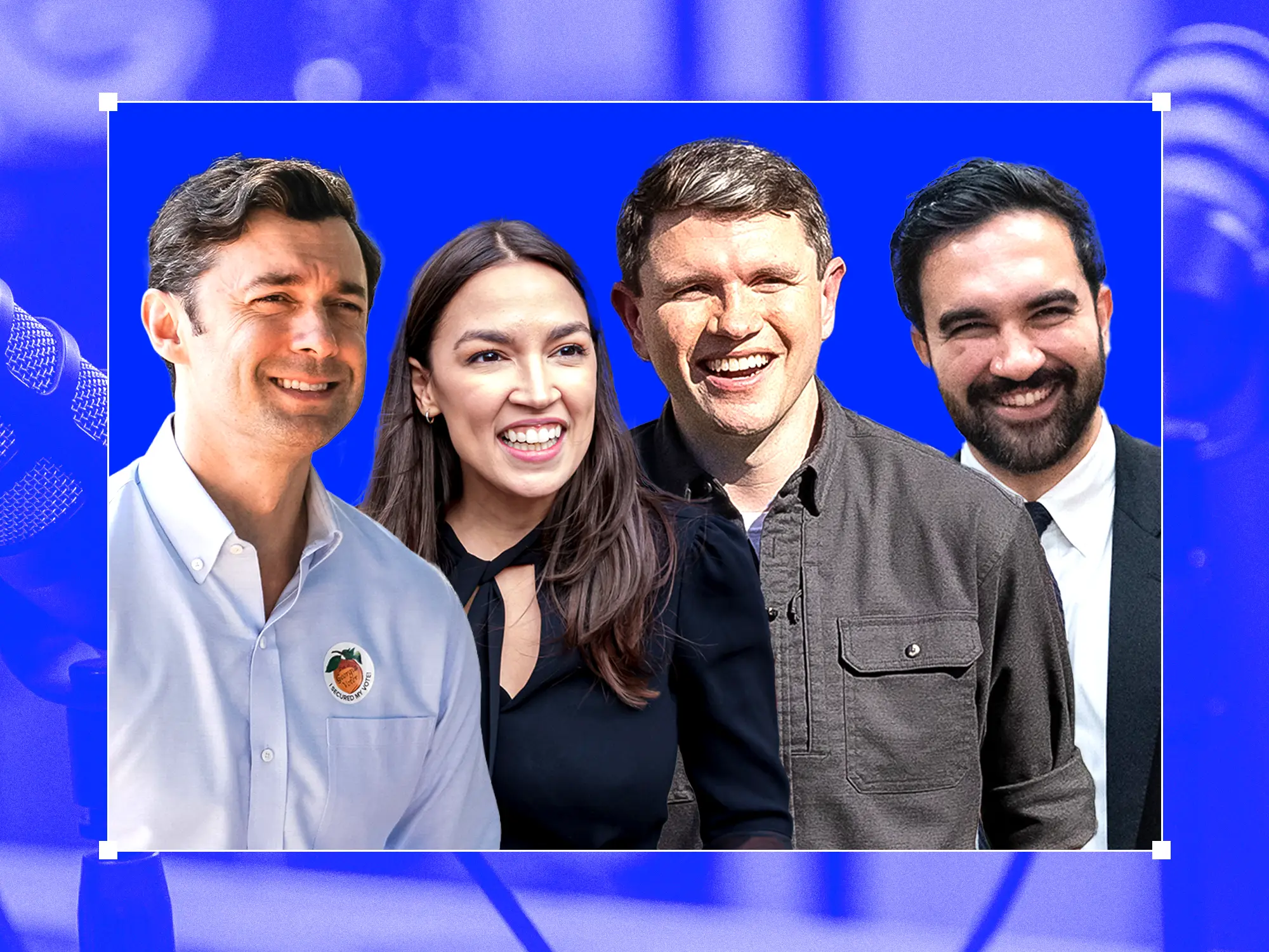 Jon Ossoff, Alexandria Ocasio-Cortez, James Talarico, and Zohran Mamdani appear in a blue editorial composite graphic.