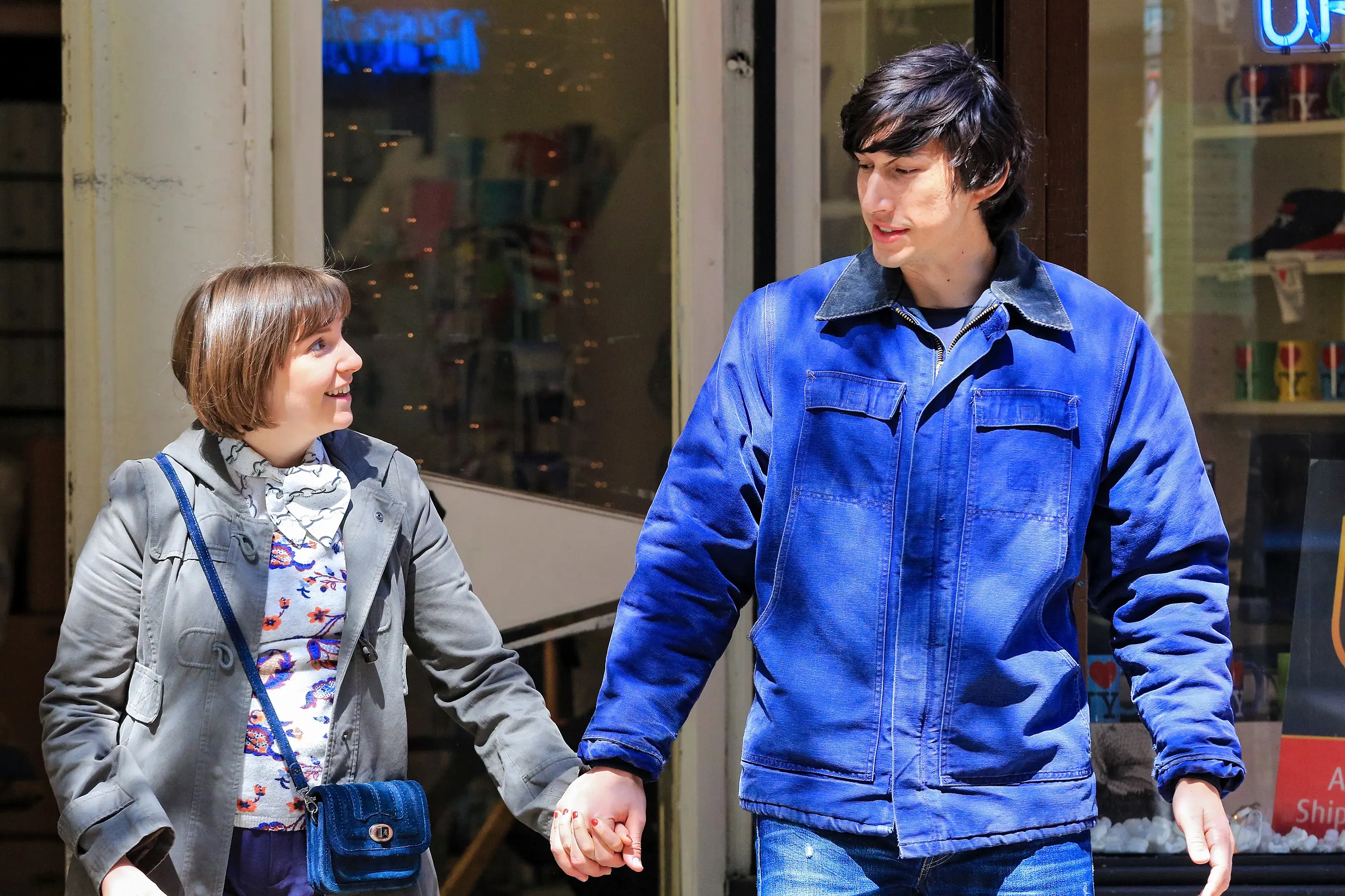 Lena Dunham and Adam Driver are seen filming romantic scene for 'Girls' on April 16, 2014 in New York City.