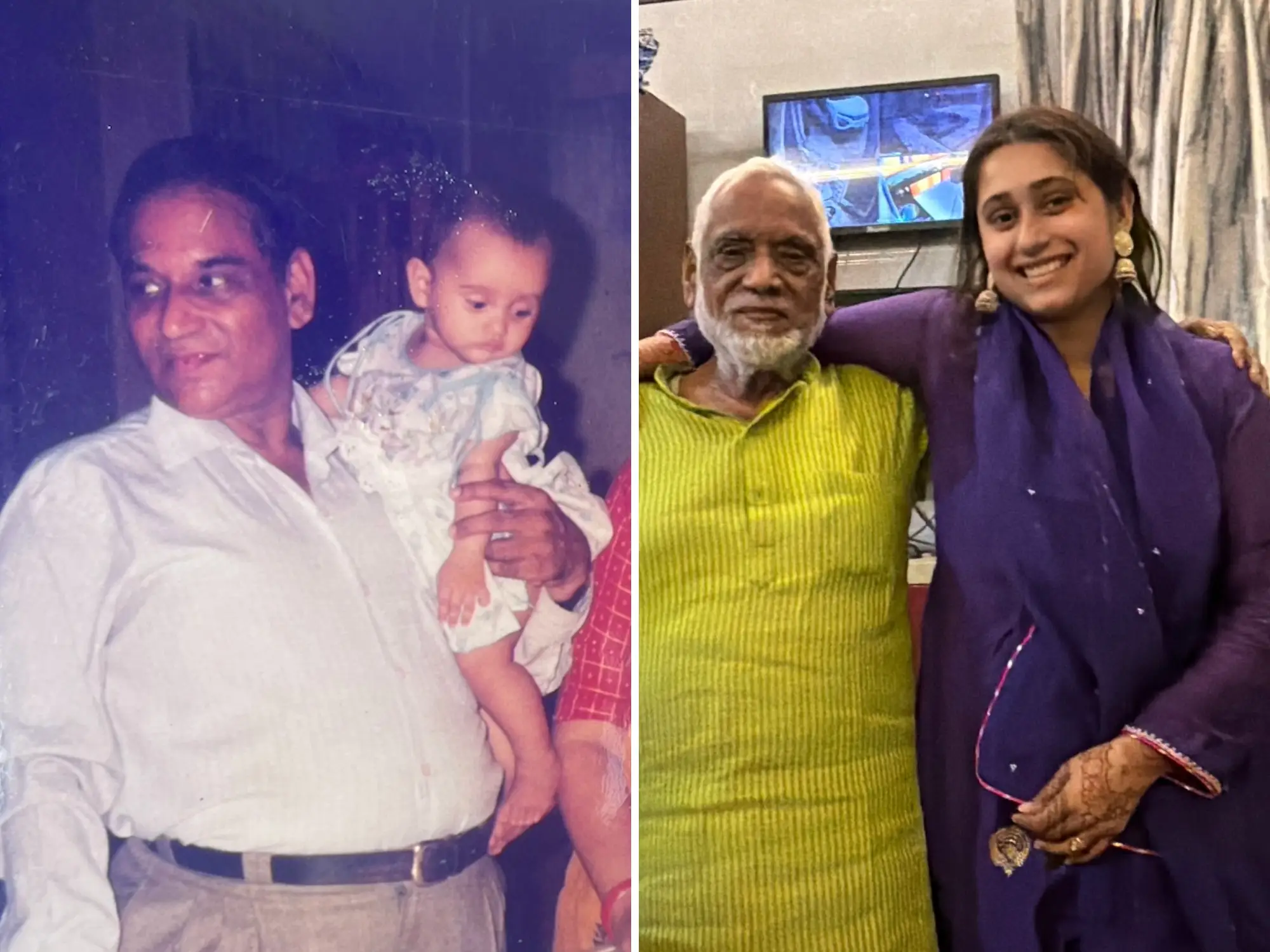 Side by side of old photo and new photo of grandfather and granddaughter.