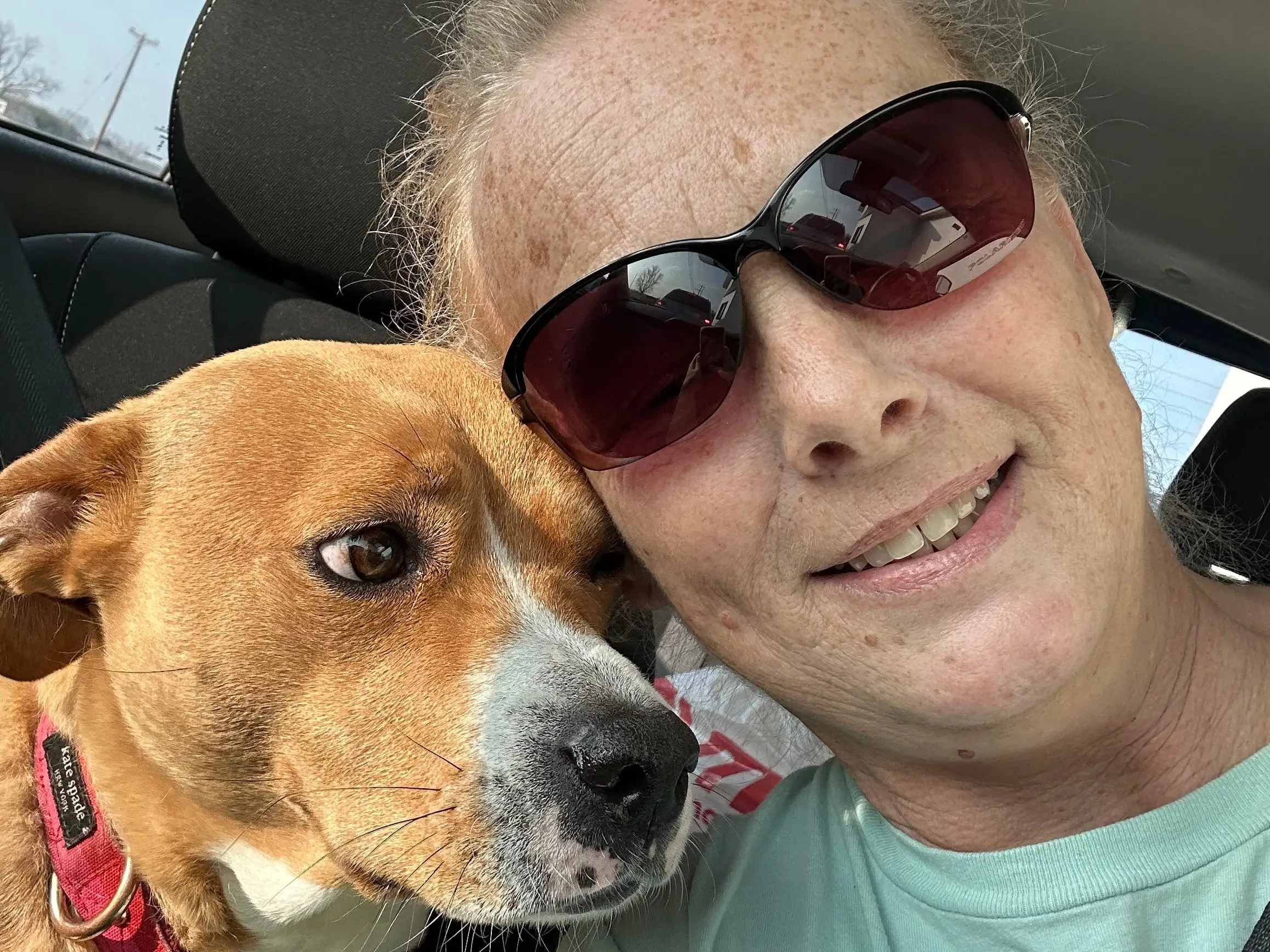 A selfie of a woman wearing sunglasses and a dog.