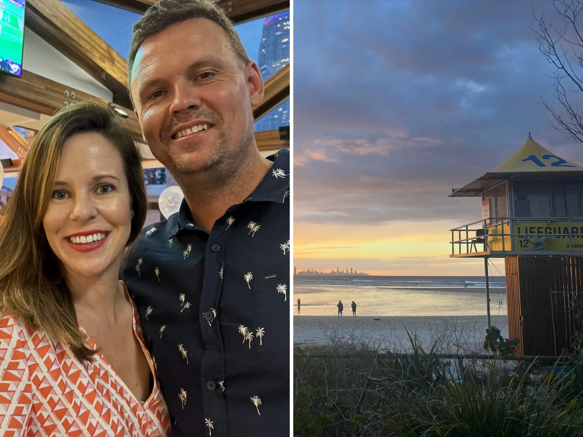 the author and her husband on the left, and photo of beach at sunset on the right