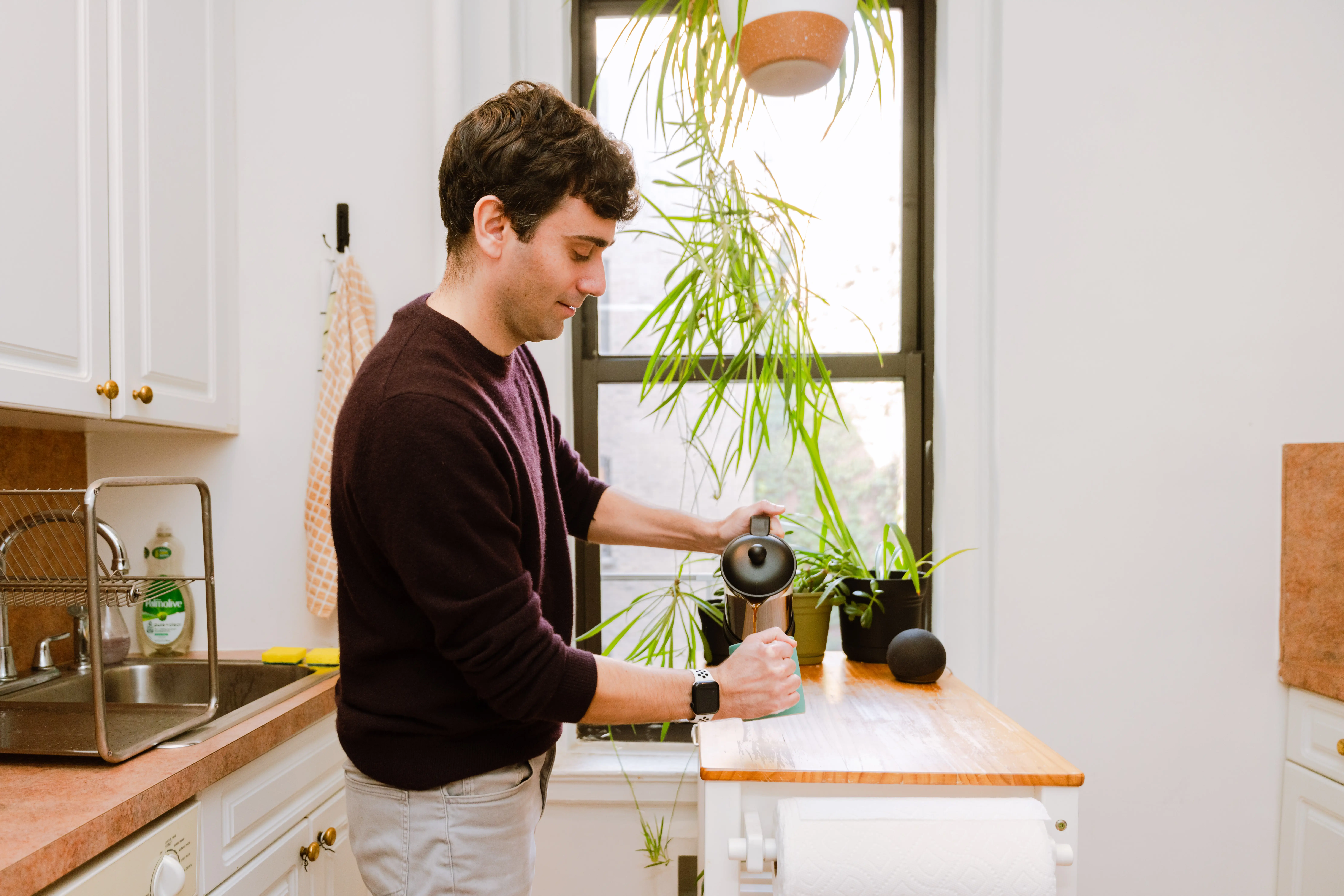 Person pours hot water from a black kettle into a cup on a bright kitchen counter with houseplants nearby.