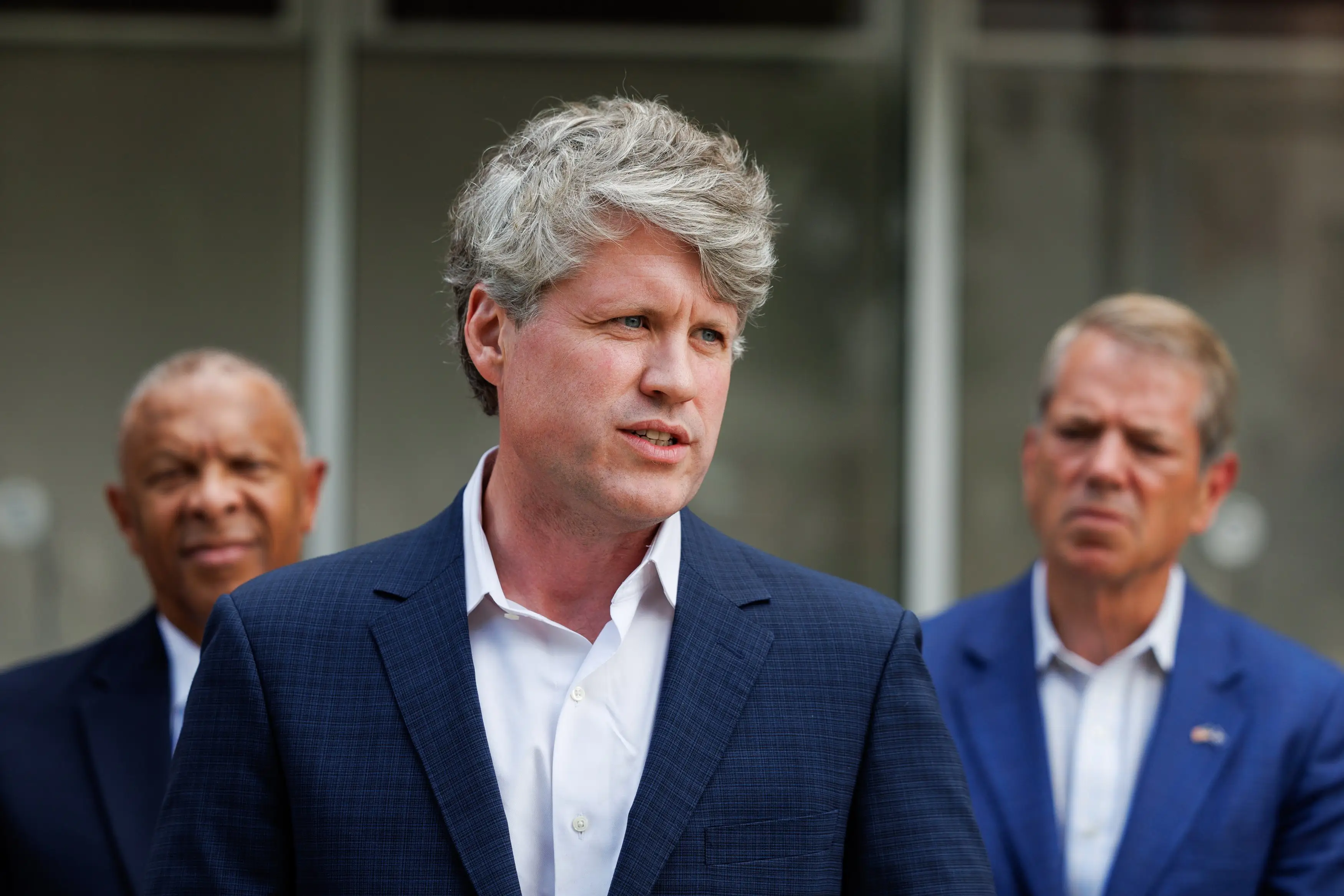 Neb. Attorney General Mike Hilgers speaks during a press conference on detection & prevention of human trafficking outside of Charles Schwab Field in Omaha, Neb. on Monday, June 8, 2026.