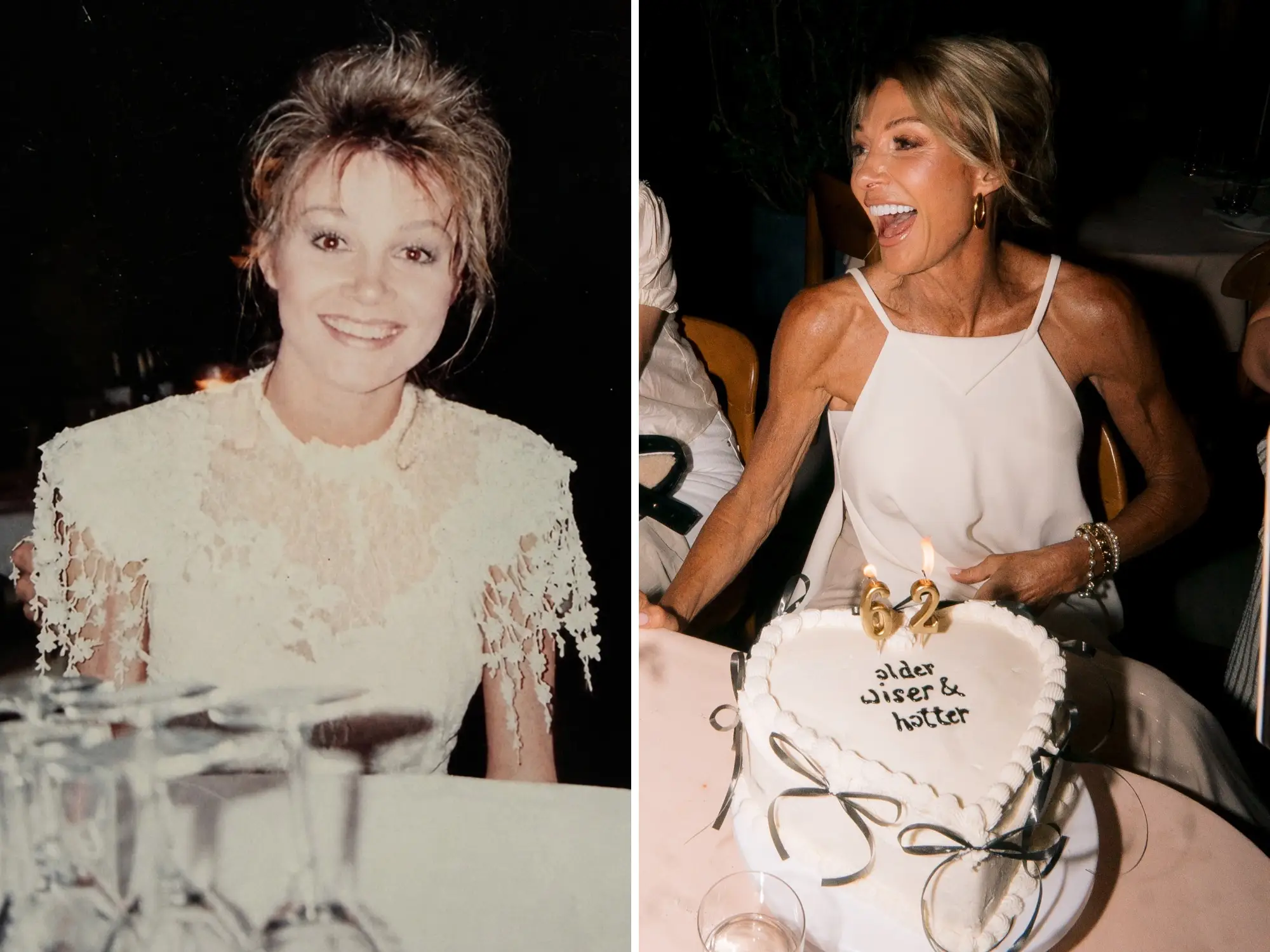 A composite image of Krista in her 20s, and Krista at her 62nd birthday with a heart-shaped cake that says 