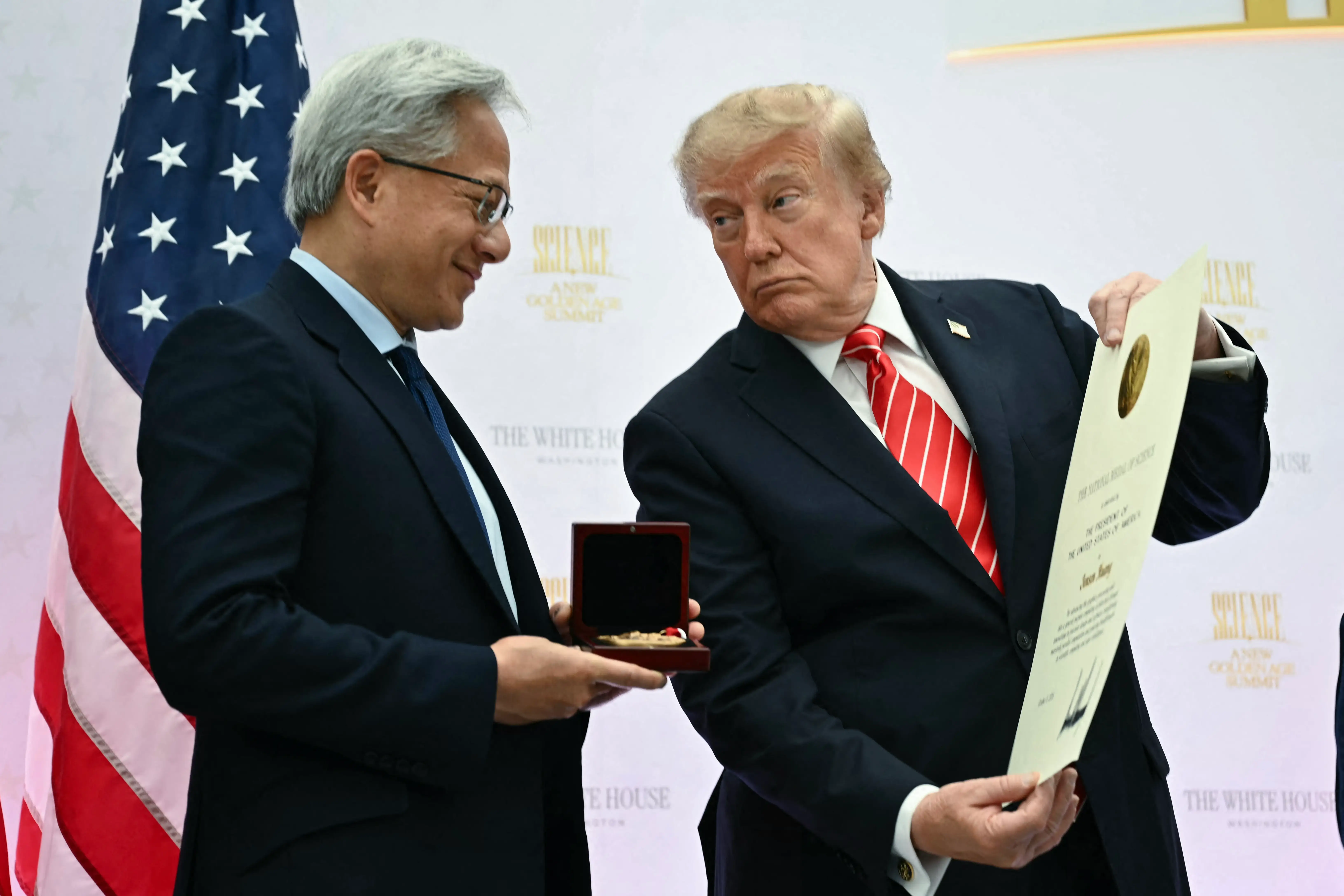 US President Donald Trump presents the National Medal of Science to US' CEO Of nvidia Jensen Huang during the 