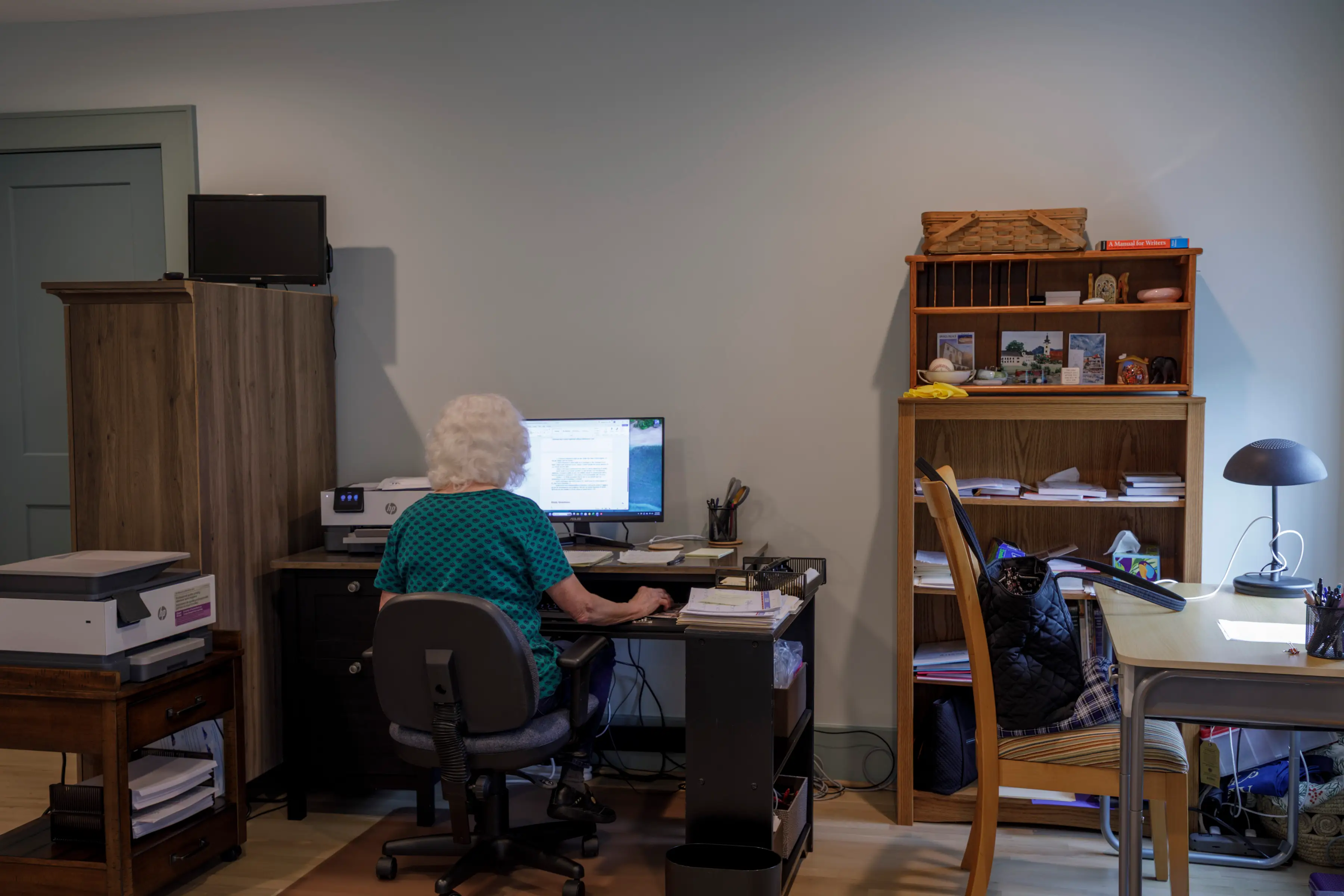 Person seated at a home office desk using a computer amid shelves, printers, papers, and a table lamp.