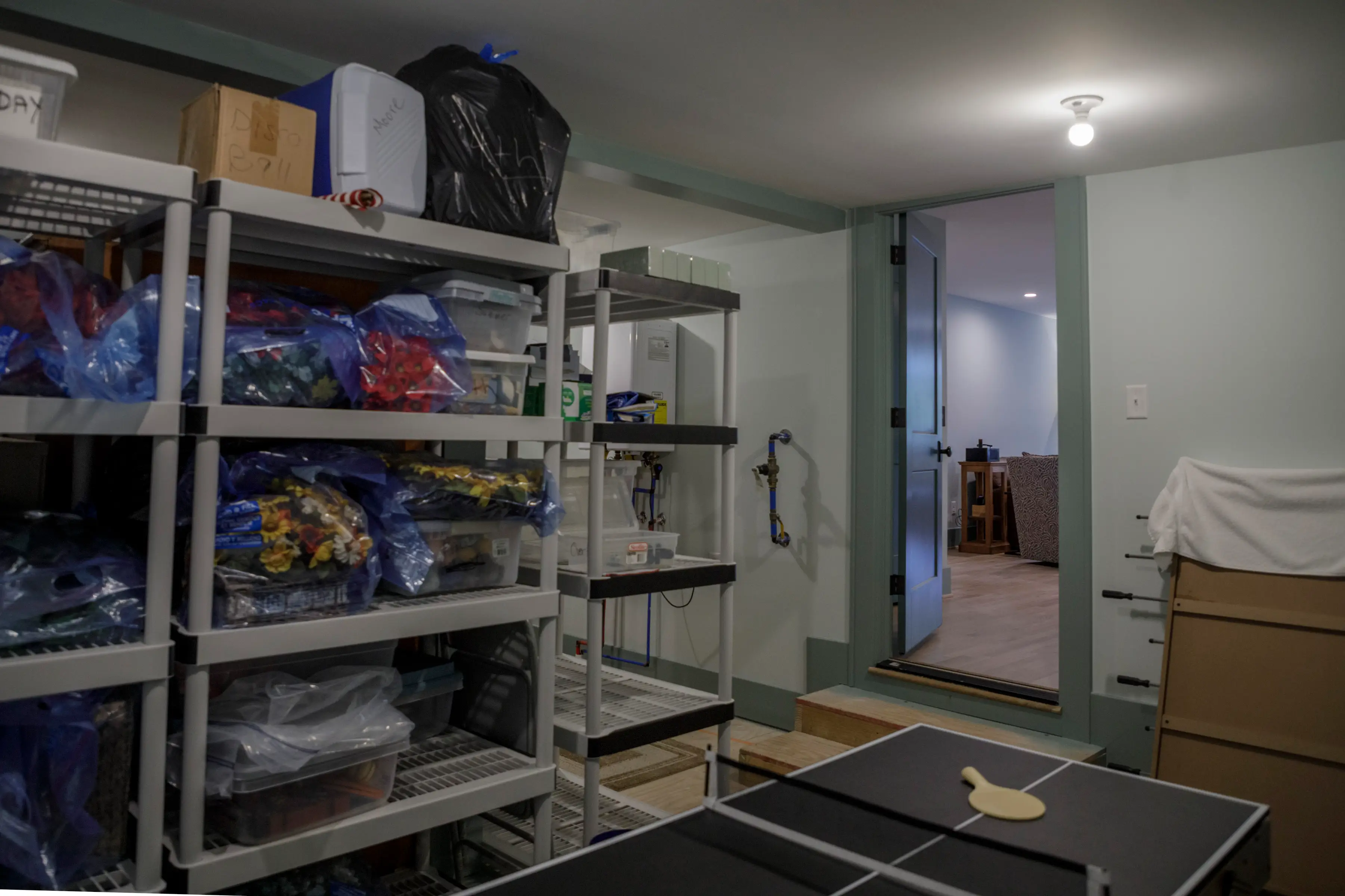 Basement storage room with shelving, plastic bins, an open doorway, and a table tennis setup in the foreground.