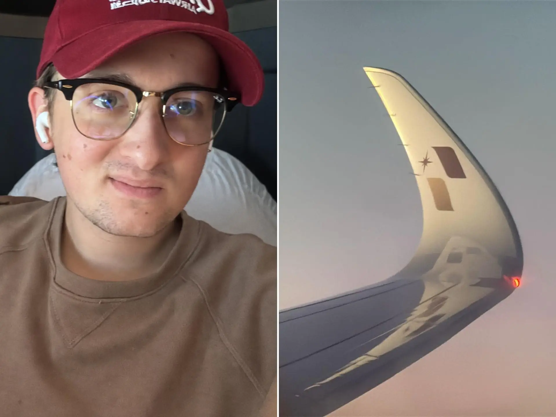 Photo stitch of the author with the wing of the plane.