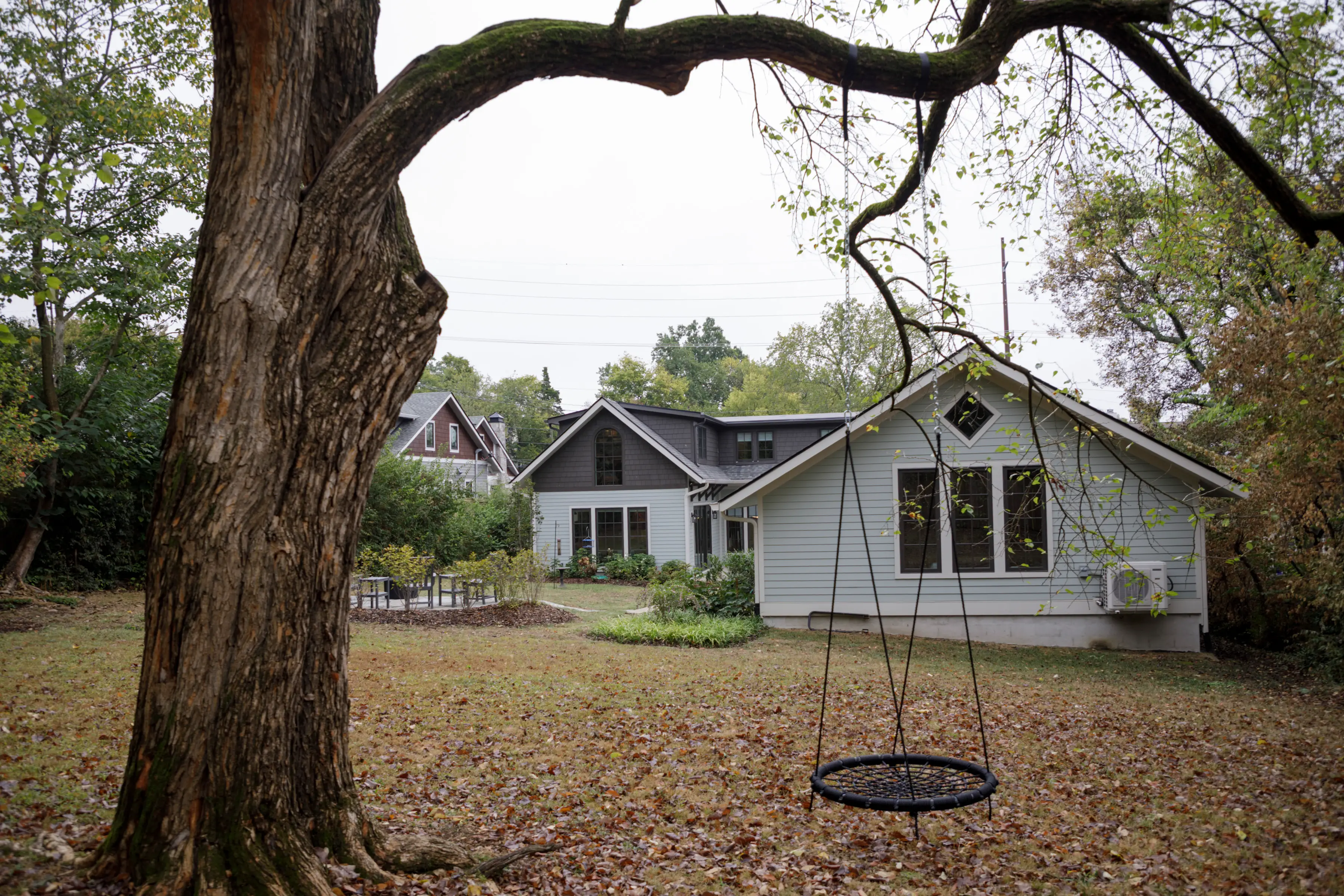 A backyard with a large tree, hanging round swing, fallen leaves, and two houses in the background.
