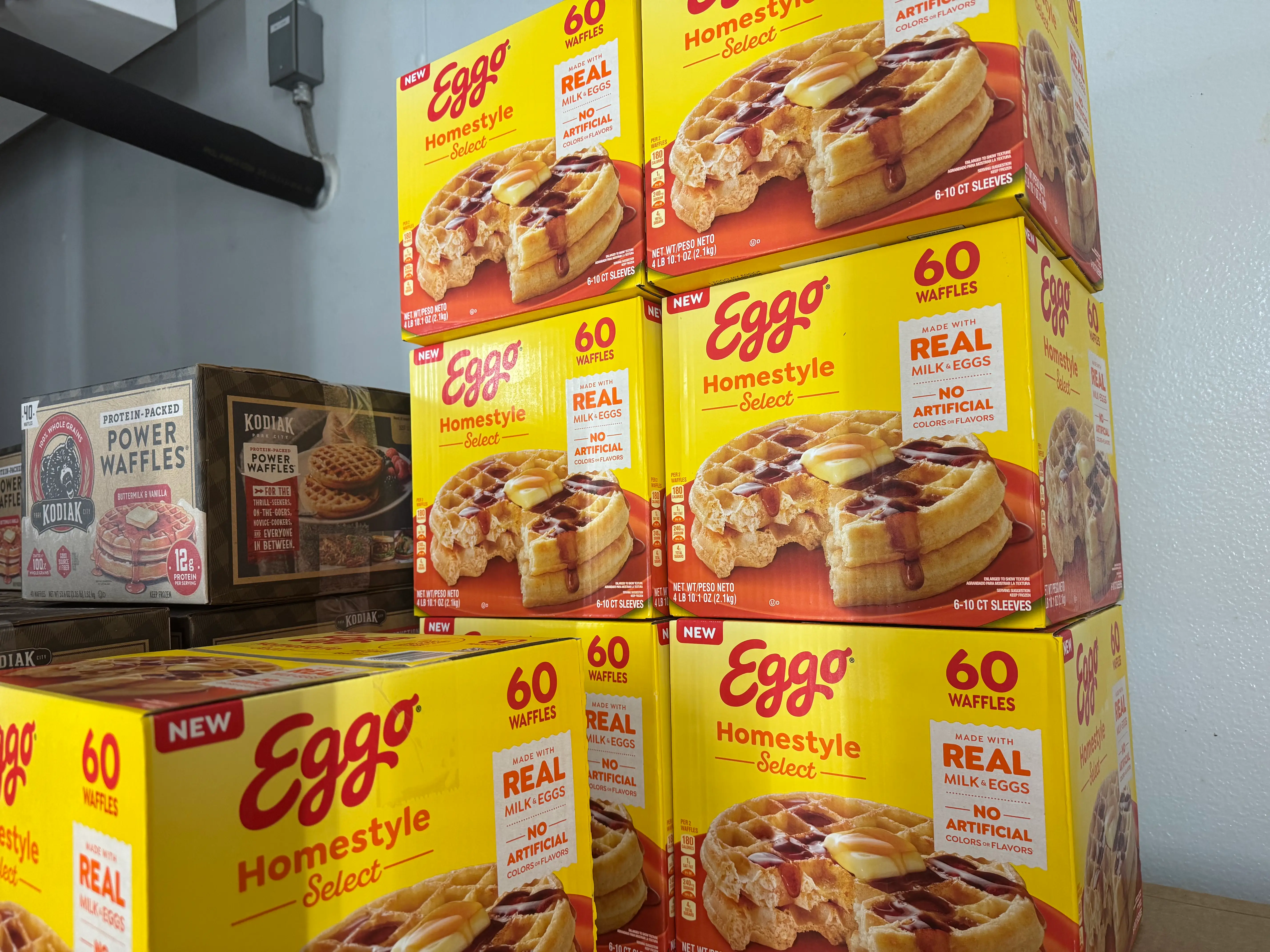 Boxes of frozen Eggo waffles at Costco.