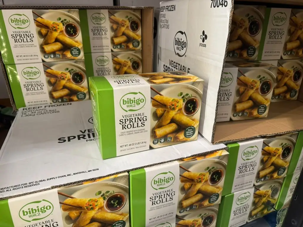 Boxes of Bibigo vegetable spring rolls at Costco.