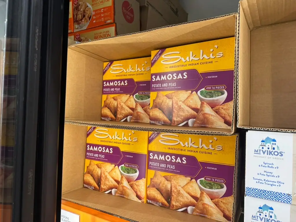 Boxes of Sukhi's Irresistible Indian Cuisine samosas at Costco.