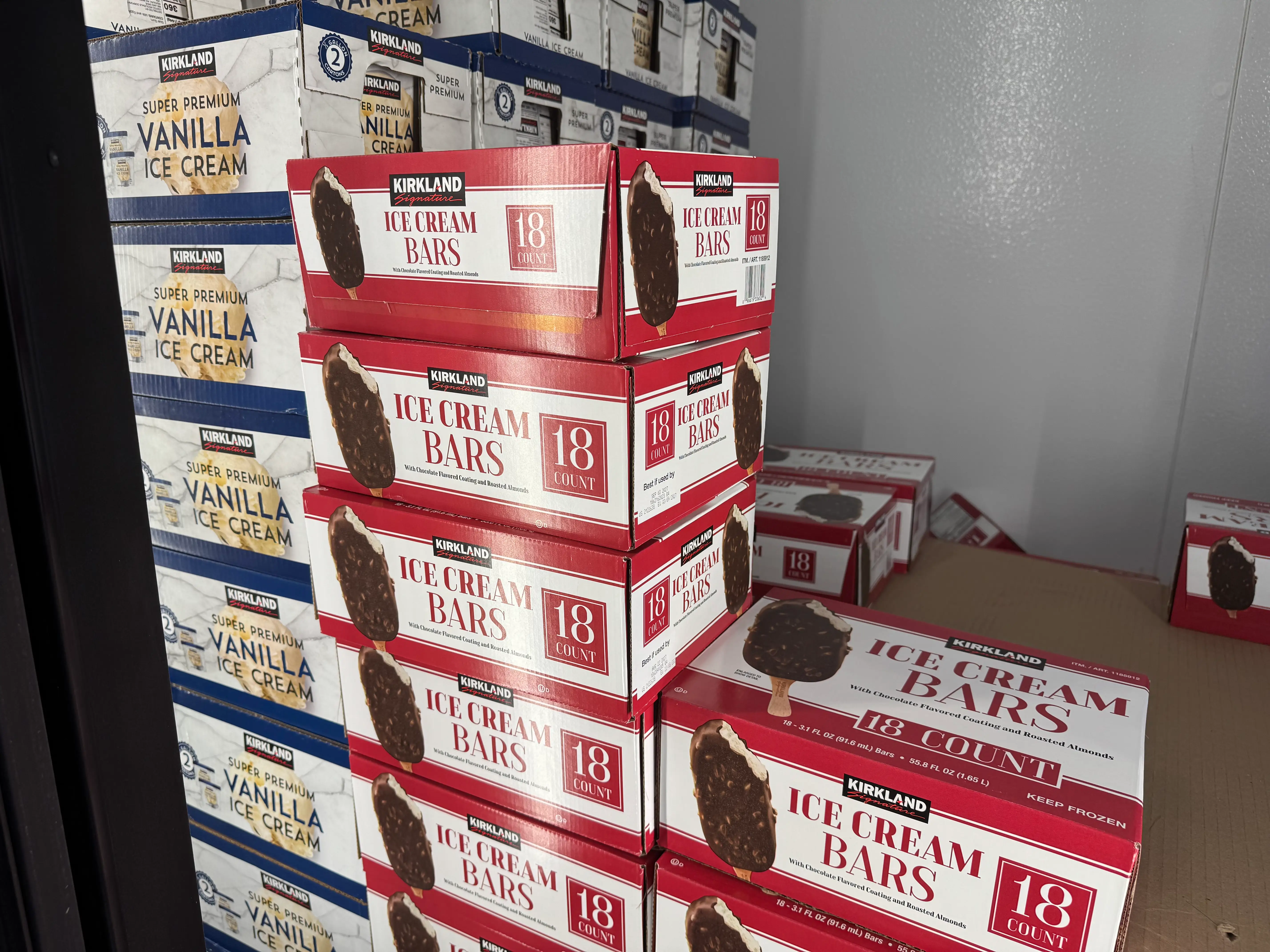 Boxes of Kirkland Signature ice-cream bars at Costco.