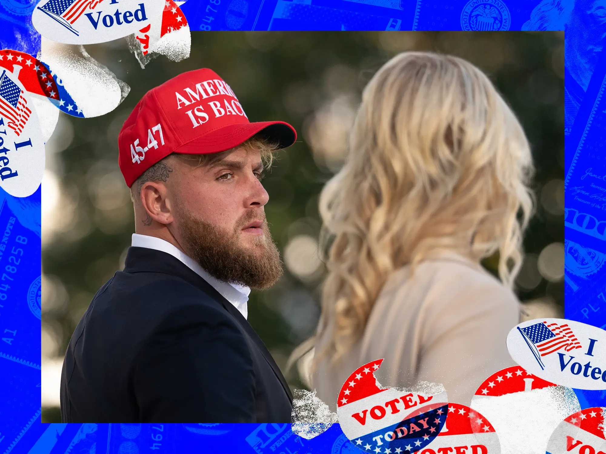 Jake Paul wearing a Maga hat on a BI template