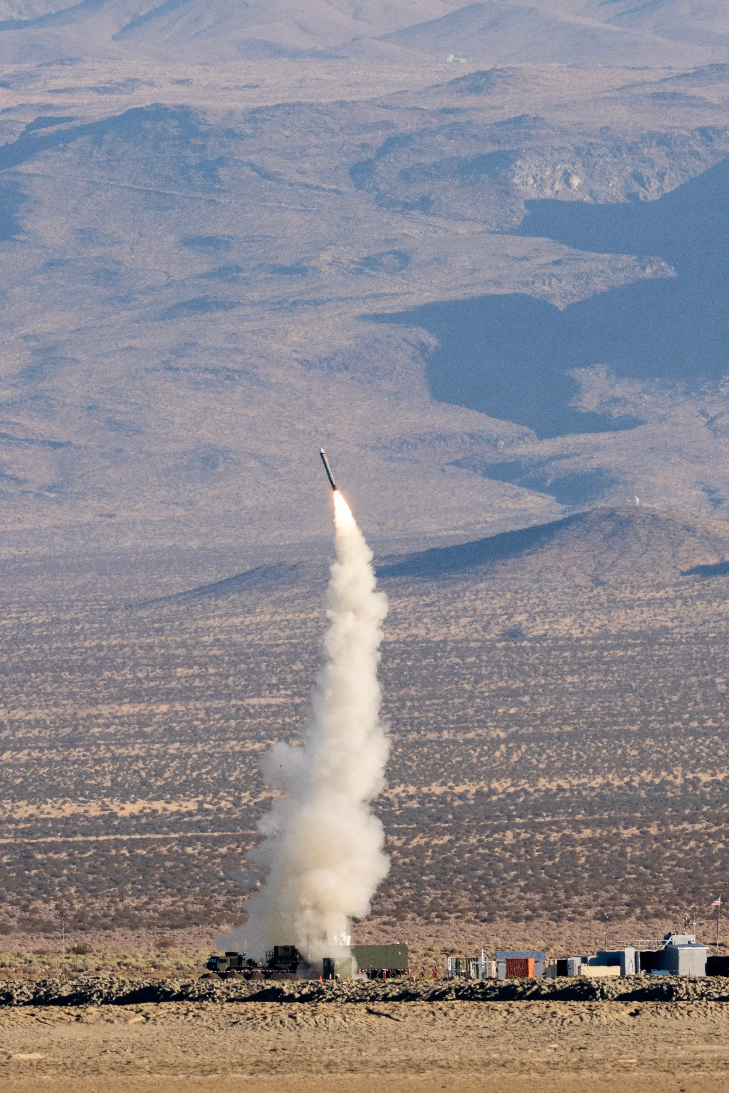 A Tomahawk missile is fired from a Typhon missile system at China Lake, California.