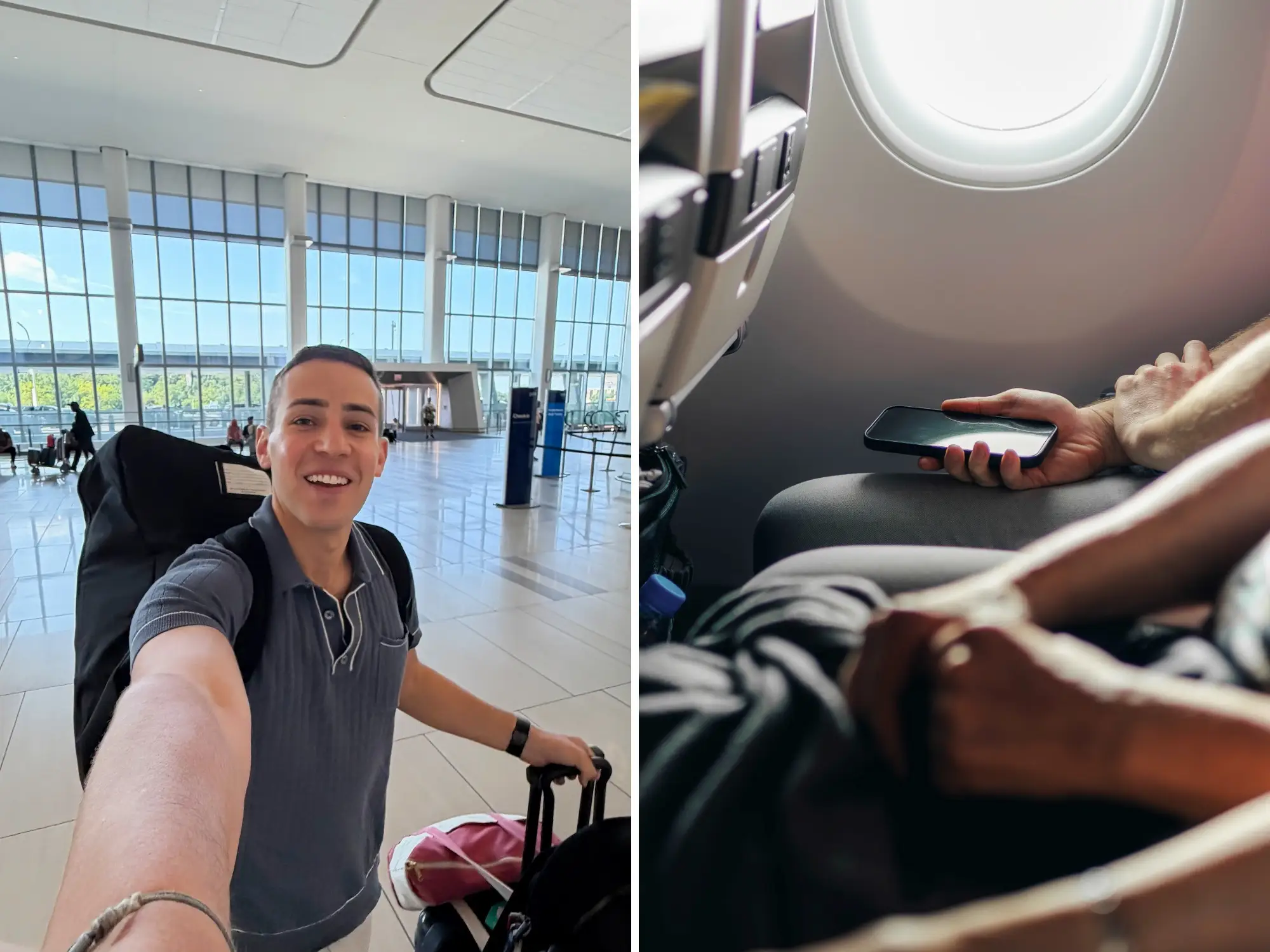 Traveler taking a selfie with luggage in an airport terminal beside an airplane passenger holding a phone by a window.