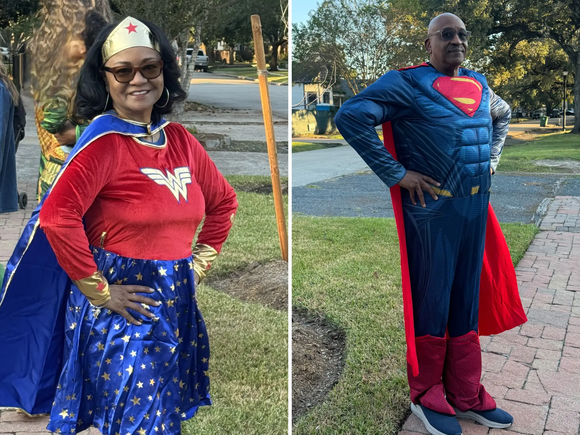 A split image of a woman wearing a Wonder Woman costume and a man wearing a Superman outfit.