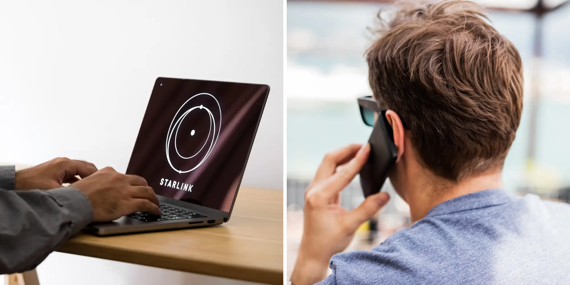 Left: A laptop on a Starlink page. Right: A person holds their cellphone to their ear.
