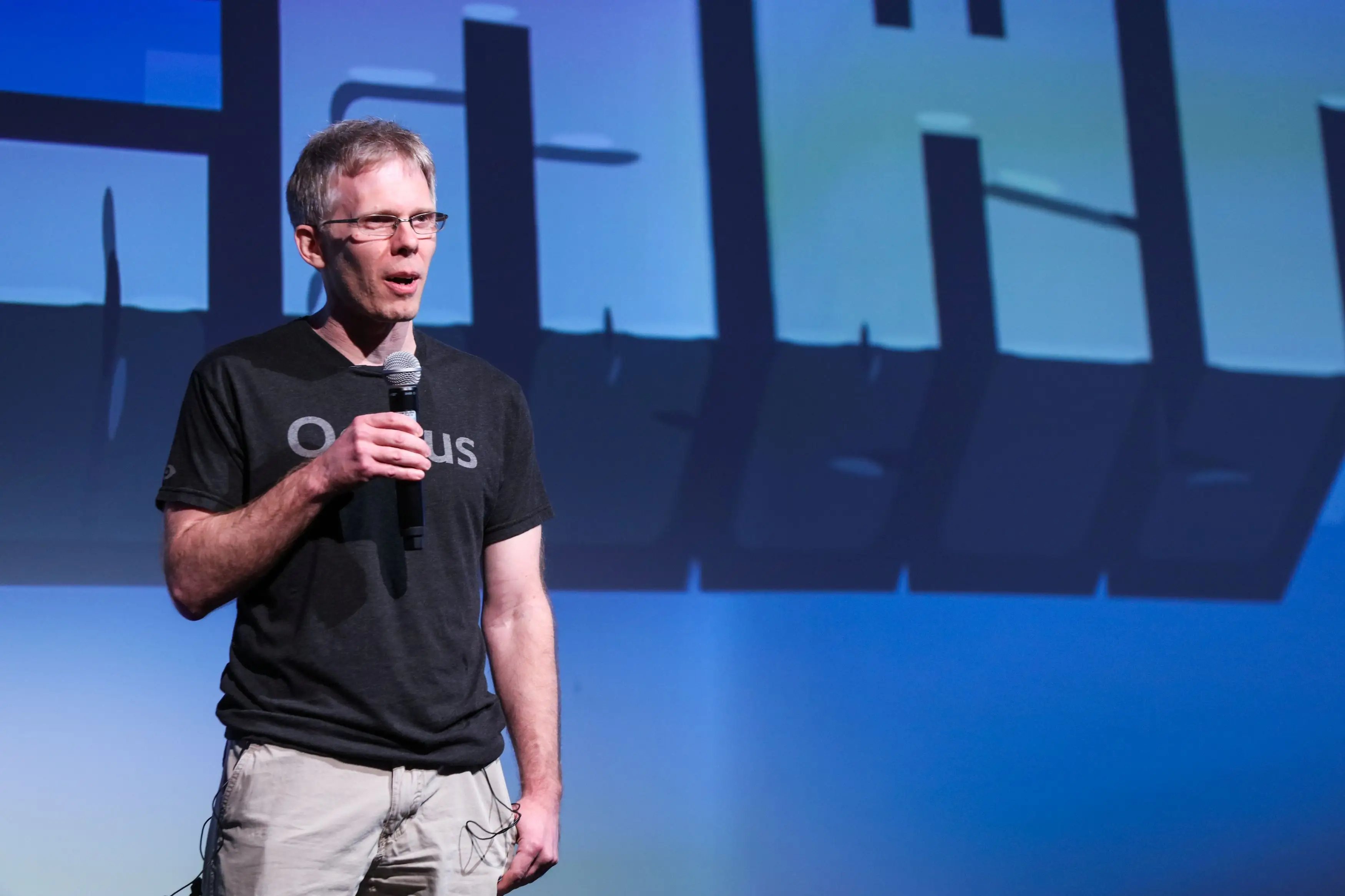 John Carmack, CTO of Oculus VR, makes a brief statement during a press demonstration of the Minecraft for Gear VR at The Village event space in San Francisco, California on March 15, 2016.