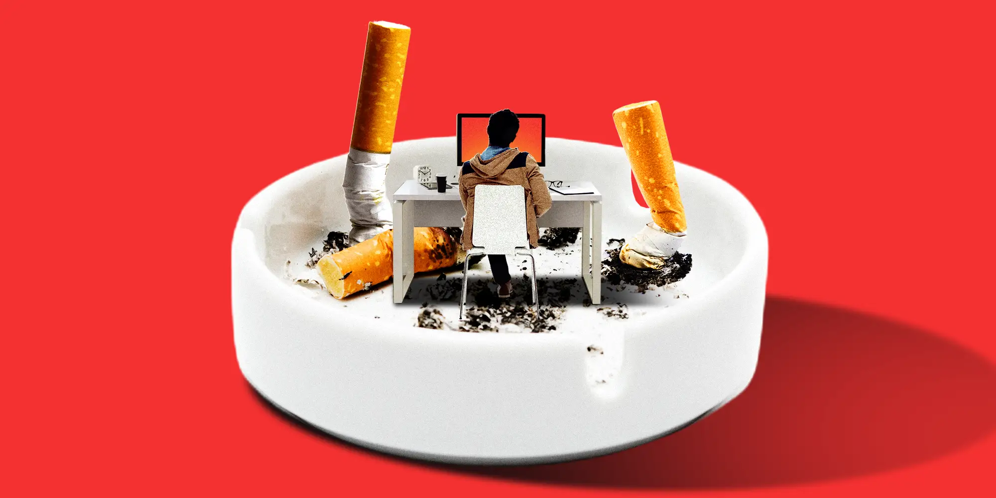 An AI worker in an ashtray with cigarette buds