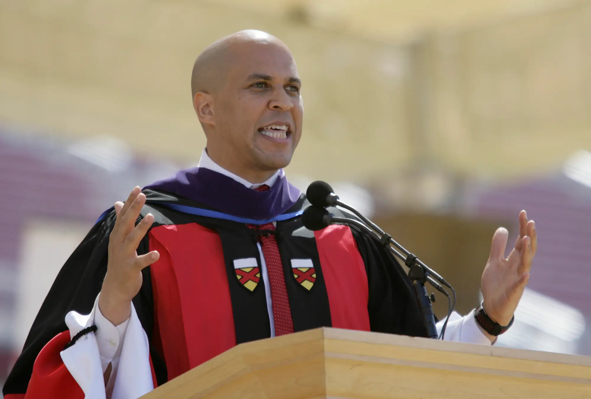 Cory Booker, Mayor of Newark, New Jersey, delivers his commencement speech at Stanford University's 121st Commencement ceremony.