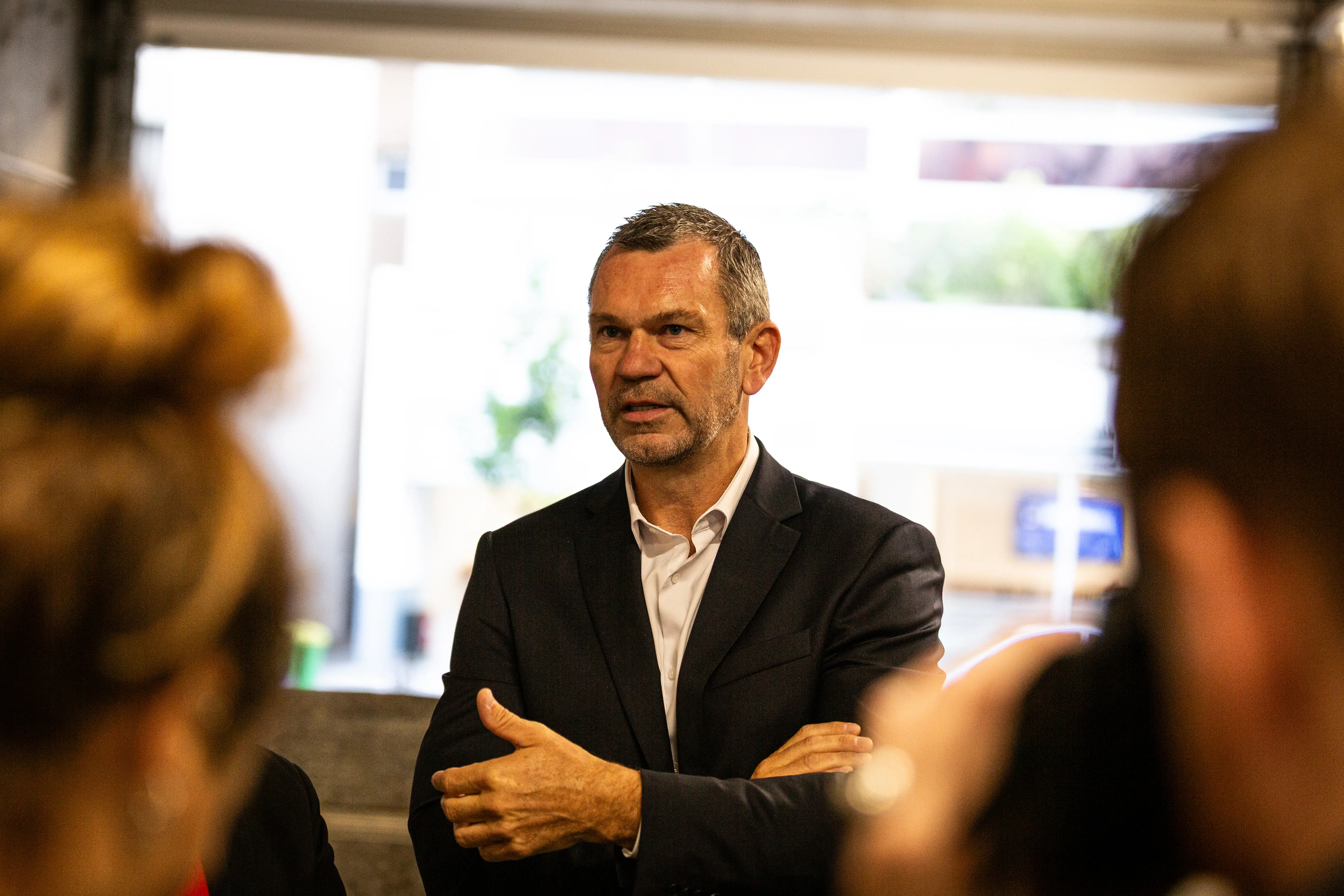 Thierry Cotillard, CEO of Intermarche and Chairman of Les Mousquetaires, is seen during the visit of the Minister of Labour, Catherine Vautrin, at an Intermarche Supermarket in the 15th arrondissement in Paris, France, on September 5, 2025. (Photo by Telmo Pinto/NurPhoto via Getty Images)