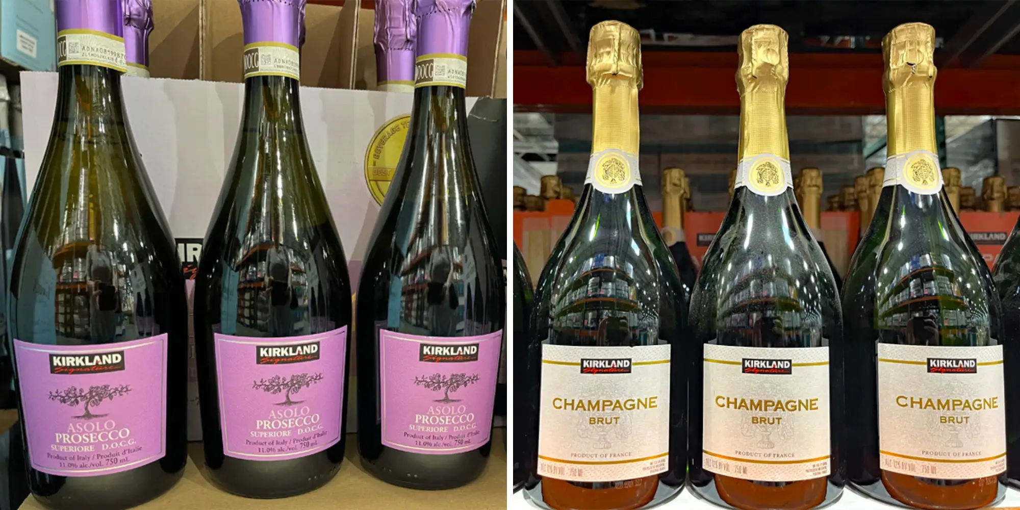 Side by side of Kirkland Signature prosecco and Champagne brut