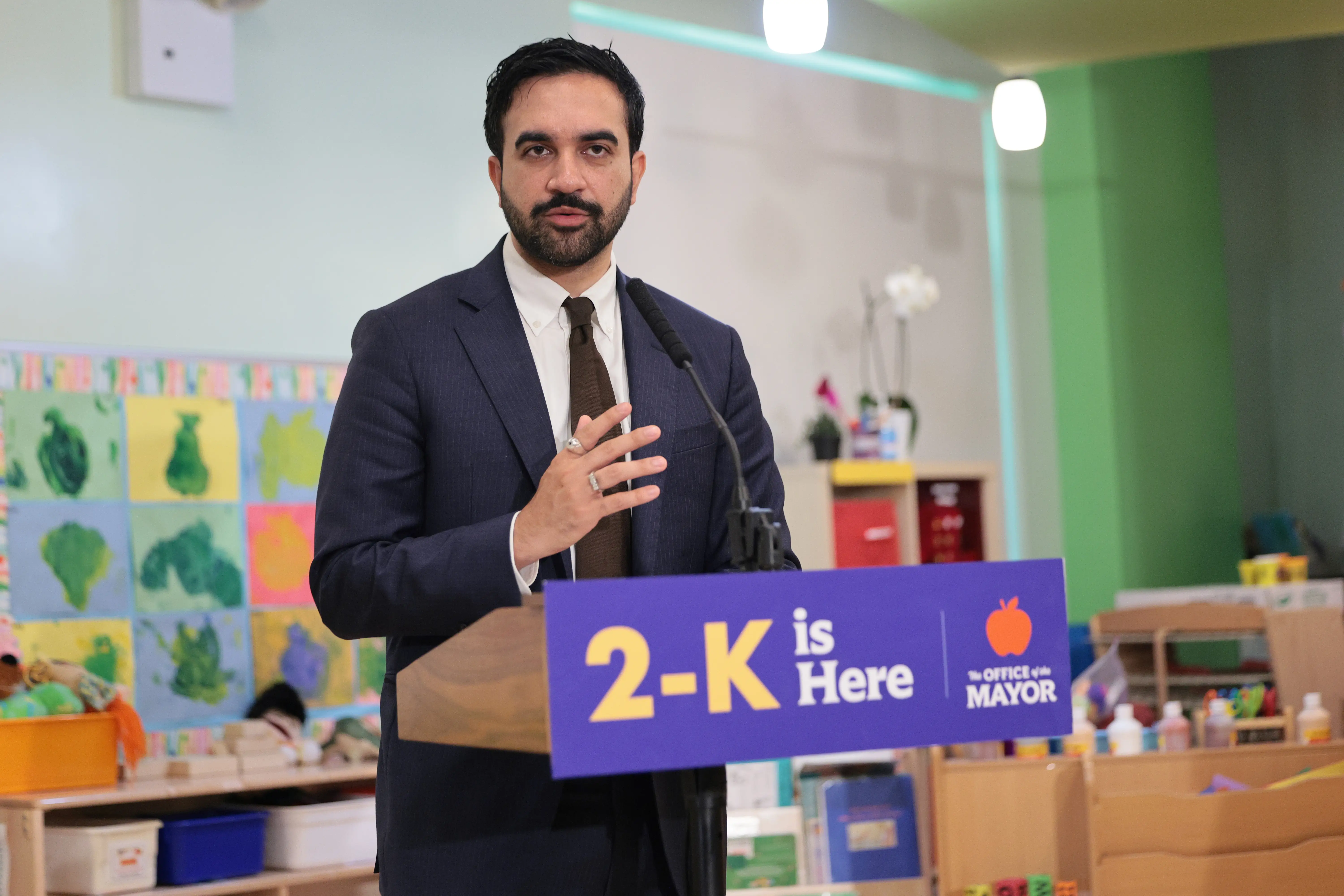 New York City Mayor Zohran Mamdani speaks during a press conference on Universal Child Care at Bedrock Preschool on August 04, 2026 in the Riverdale neighborhood of the Bronx borough in New York City.