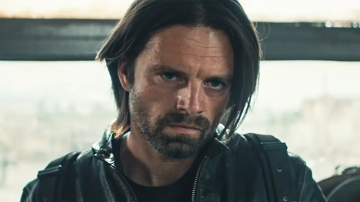 Sebastian Stand in a leather coat as Bucky Barnes in Thunderbolts